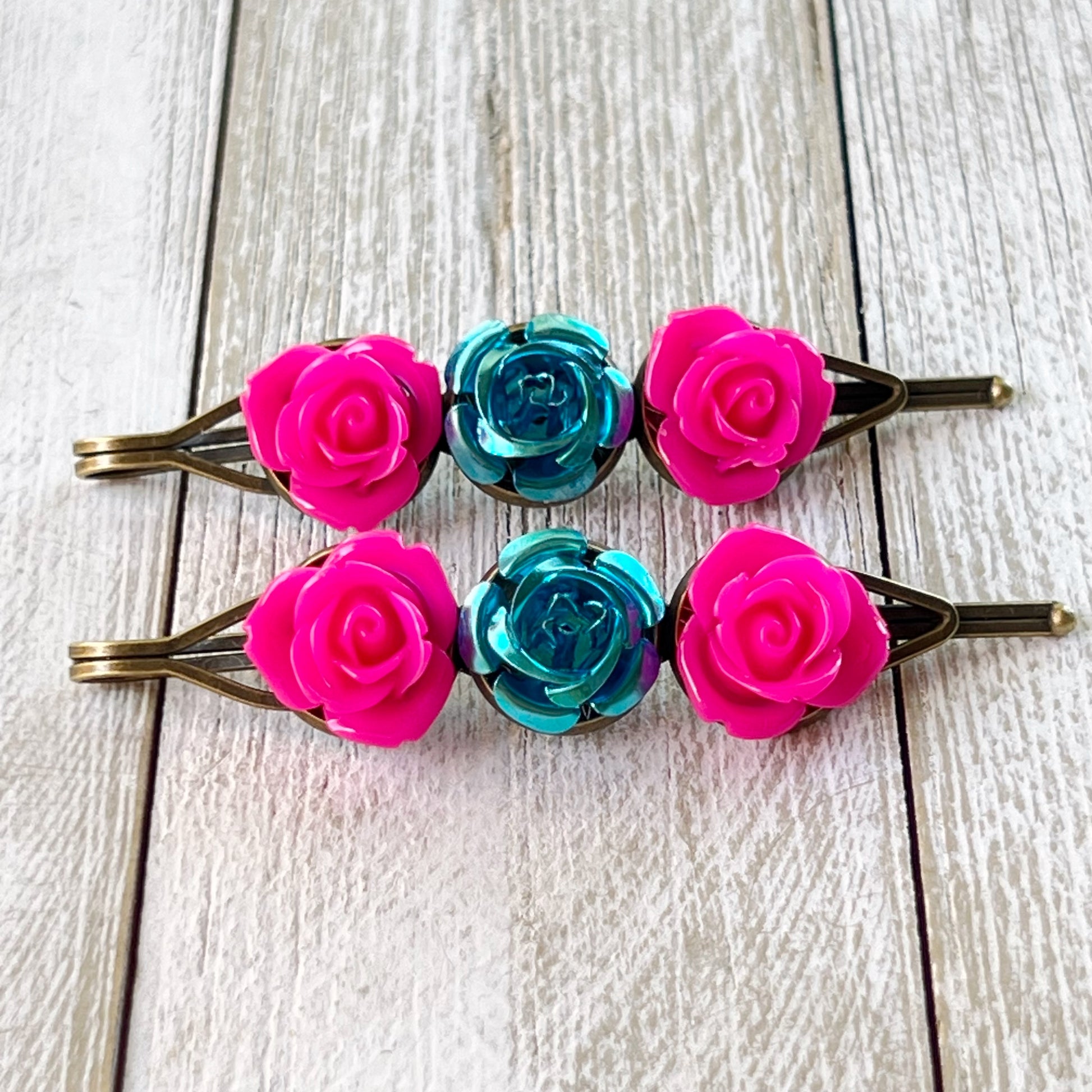 Pink & Blue Rose Floral Hair Pins - Delicate & Romantic Hair Accessories