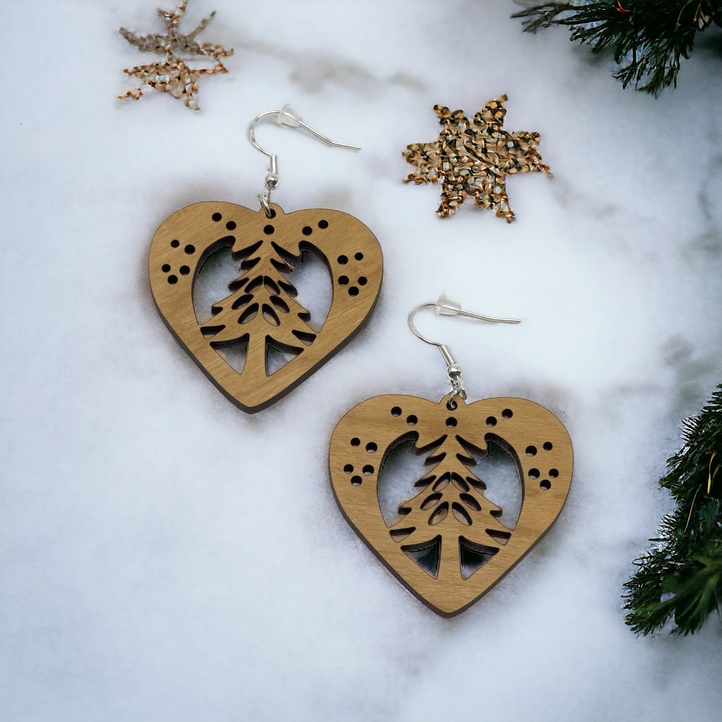 Wooden Heart - Rustic Dangle Earring with Pine Tree Design, Cute Winter Holiday Accessory, Nature-Inspired Jewelry