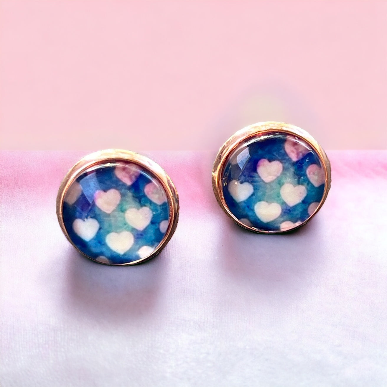 Pink Heart Blue & Rose Gold Earring Studs - Elegant and Charming Accessories