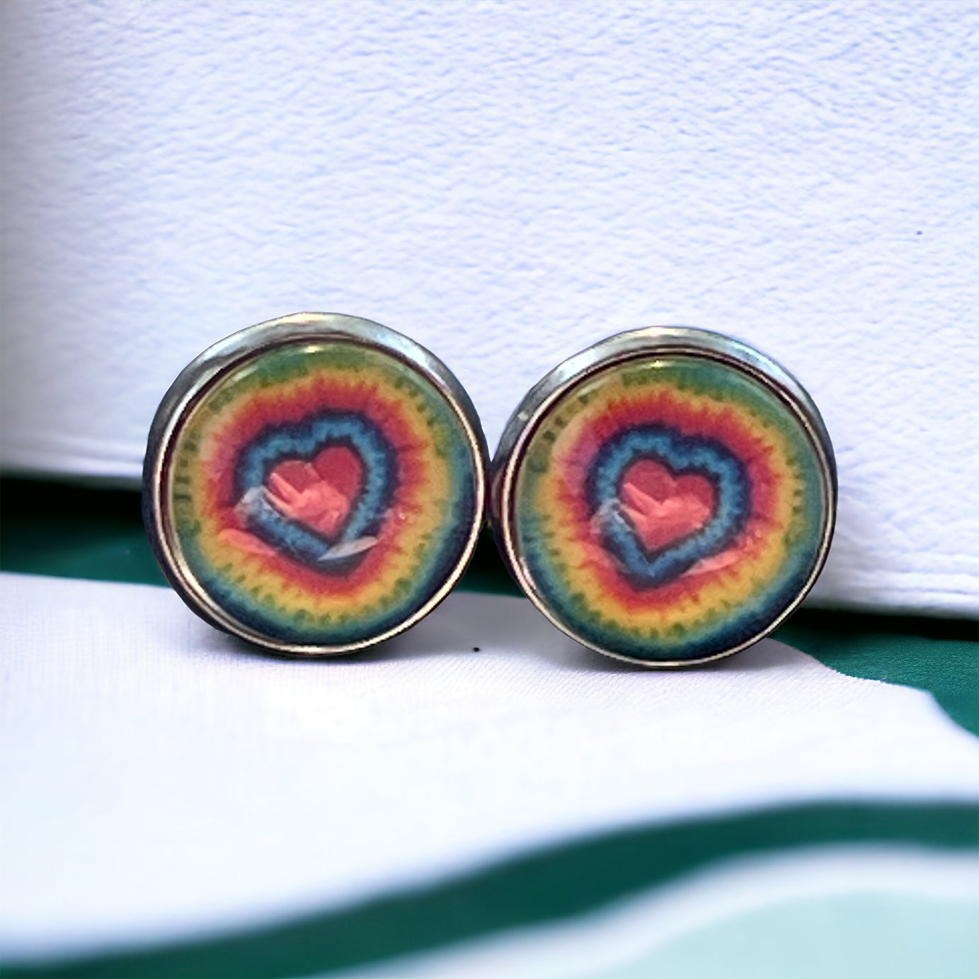 Tie-Dye Heart Silver Stud Earrings: Boho Hippie Chic for Vibrant Style