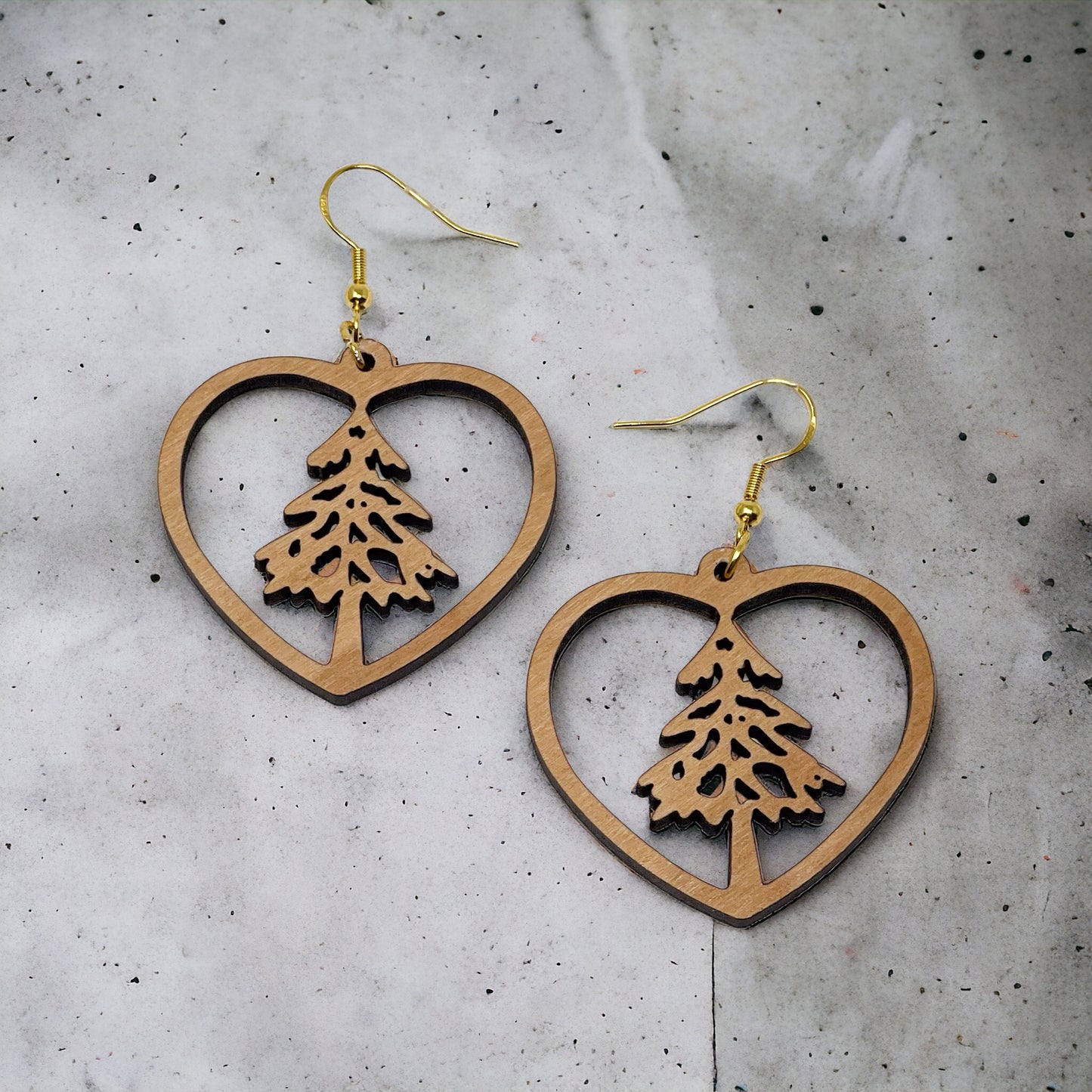 Wooden Heart - Rustic Dangle Earring with Pine Tree Design, Cute Winter Holiday Accessory, Nature-Inspired Jewelry