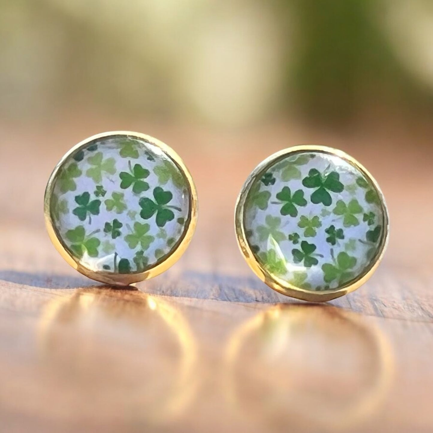 Gold Stud Earrings: Lucky Shamrock Clover Design for St. Patrick's Day Charm