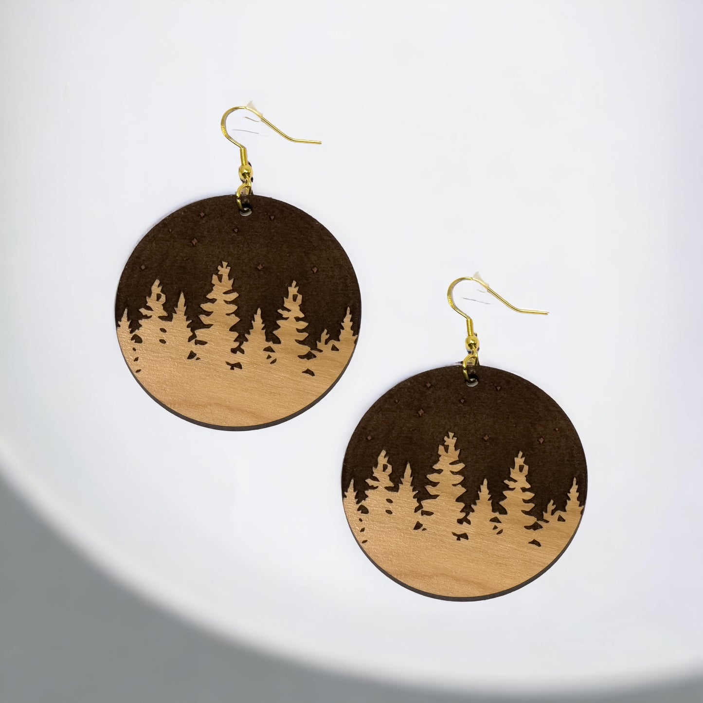 Pine Trees Mountain Earrings, Cute Holiday Christmas Dangle Earrings, Round Wood Earrings, Country Xmas Jewelry, Snowy Forest Nature Gifts