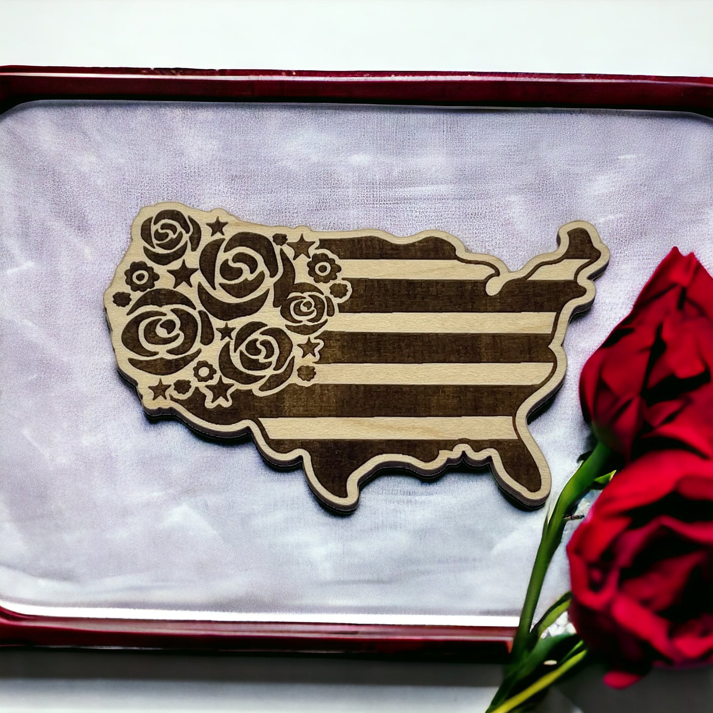 USA Shaped Magnet for Home Work School Office, Patriotic Decor Gift, Floral United States Flag Paintable Magnet, Boho Flower Wood Decoration