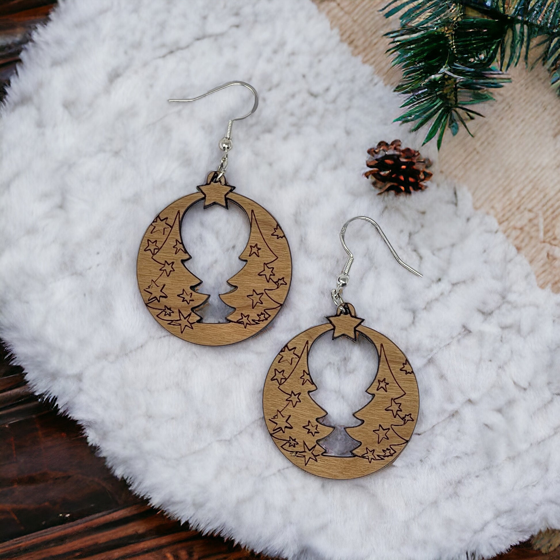 Christmas Tree Wood Earrings - Rustic Dangle Pine Tree Design, Cute Winter Holiday Accessories with a Natural Touch