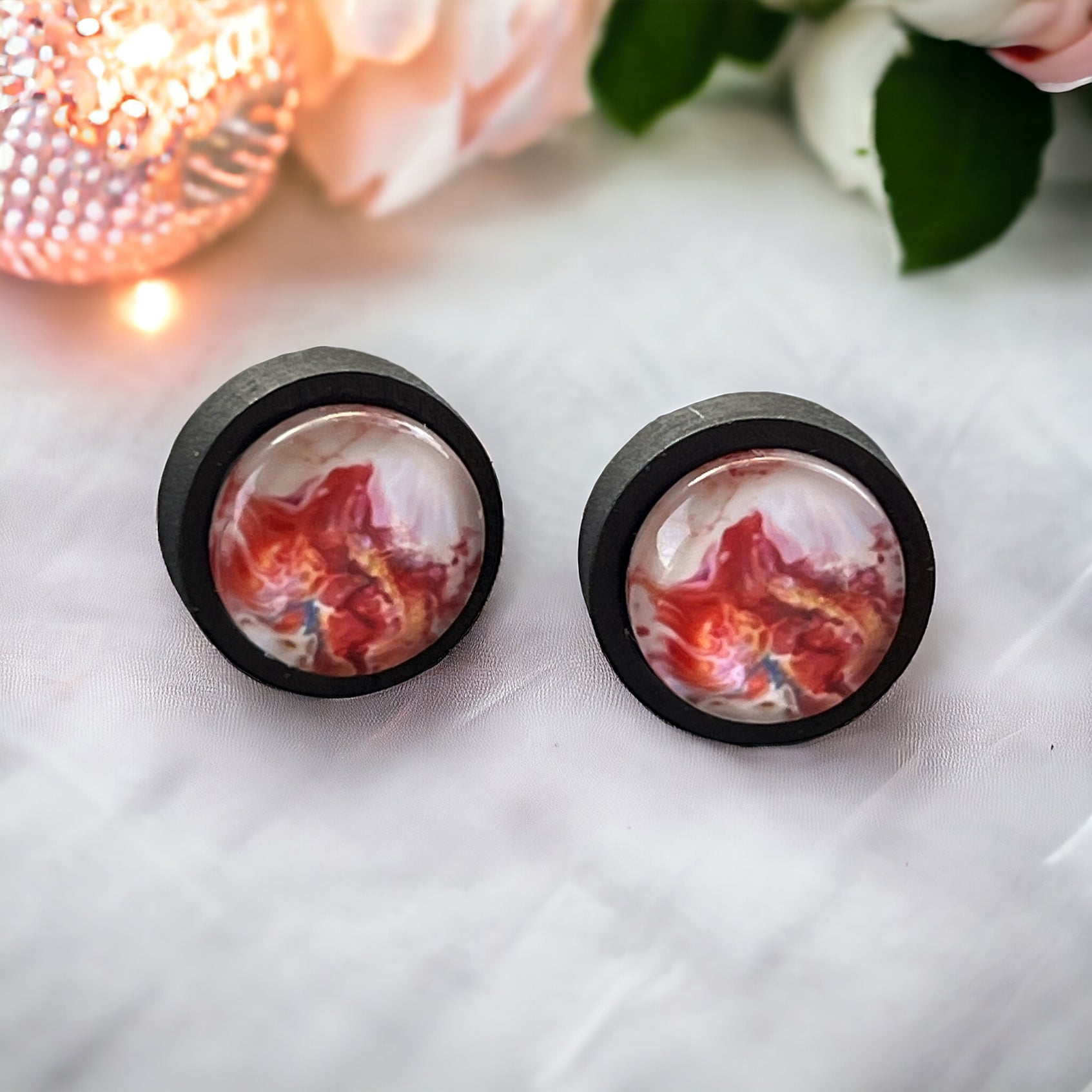 Pink Abstract Watercolor Black Wood Stud Earrings: Unique Artistic Accents for Your Look