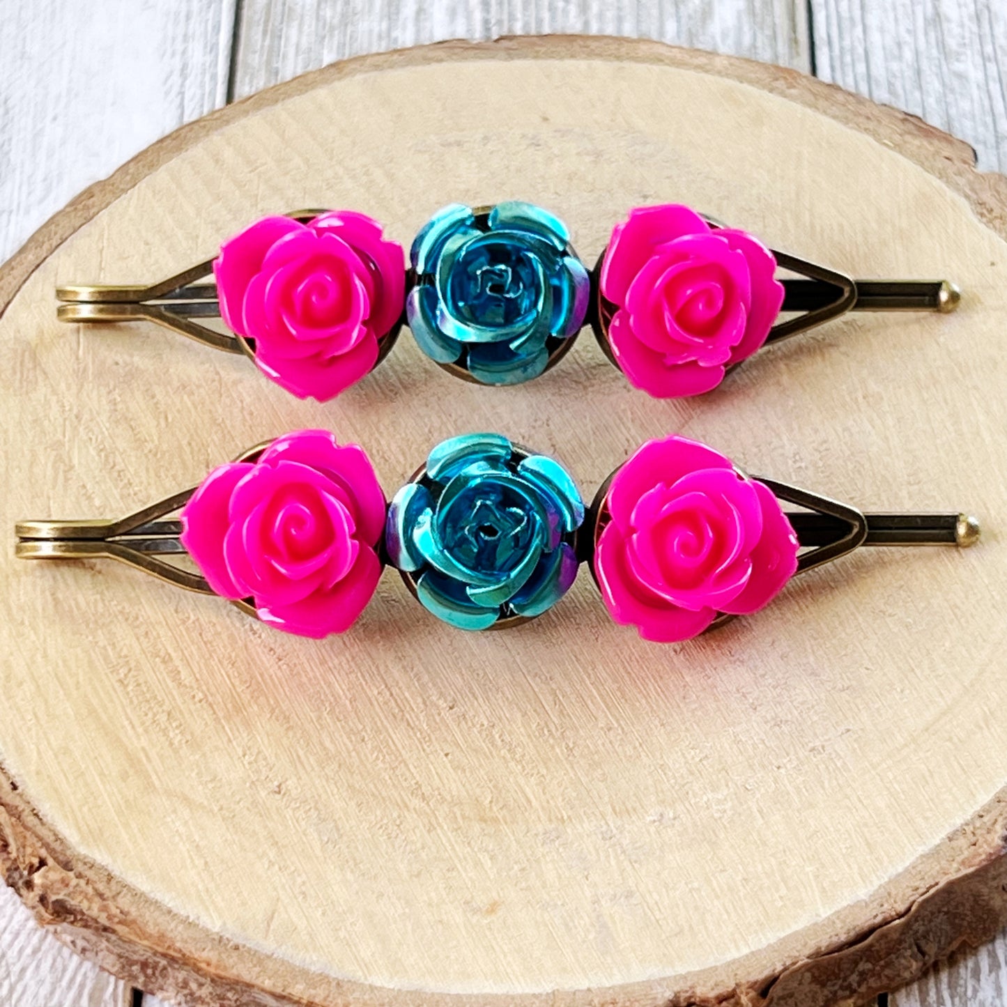 Pink & Blue Rose Floral Hair Pins - Delicate & Romantic Hair Accessories