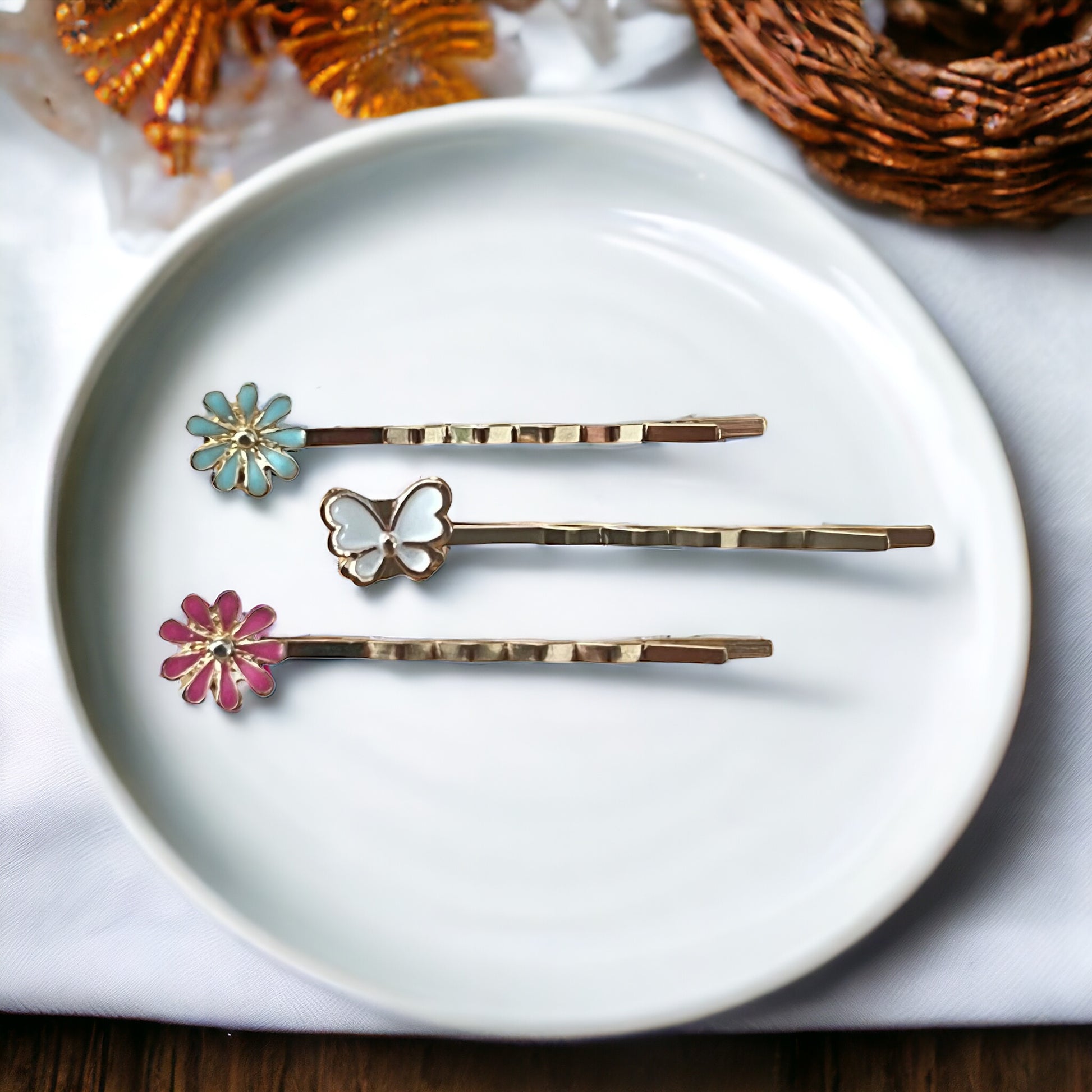 White Butterfly & Flower Hair Pin Set - Set of 3 Adorable Accessories for Hair Styling