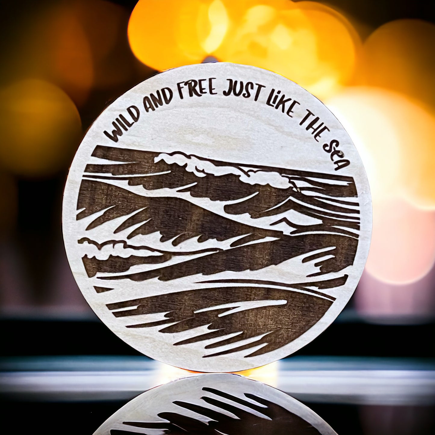 Ocean Waves Scene Wooden Magnet: Engraved with 'Wild & Free Just Like the Sea’