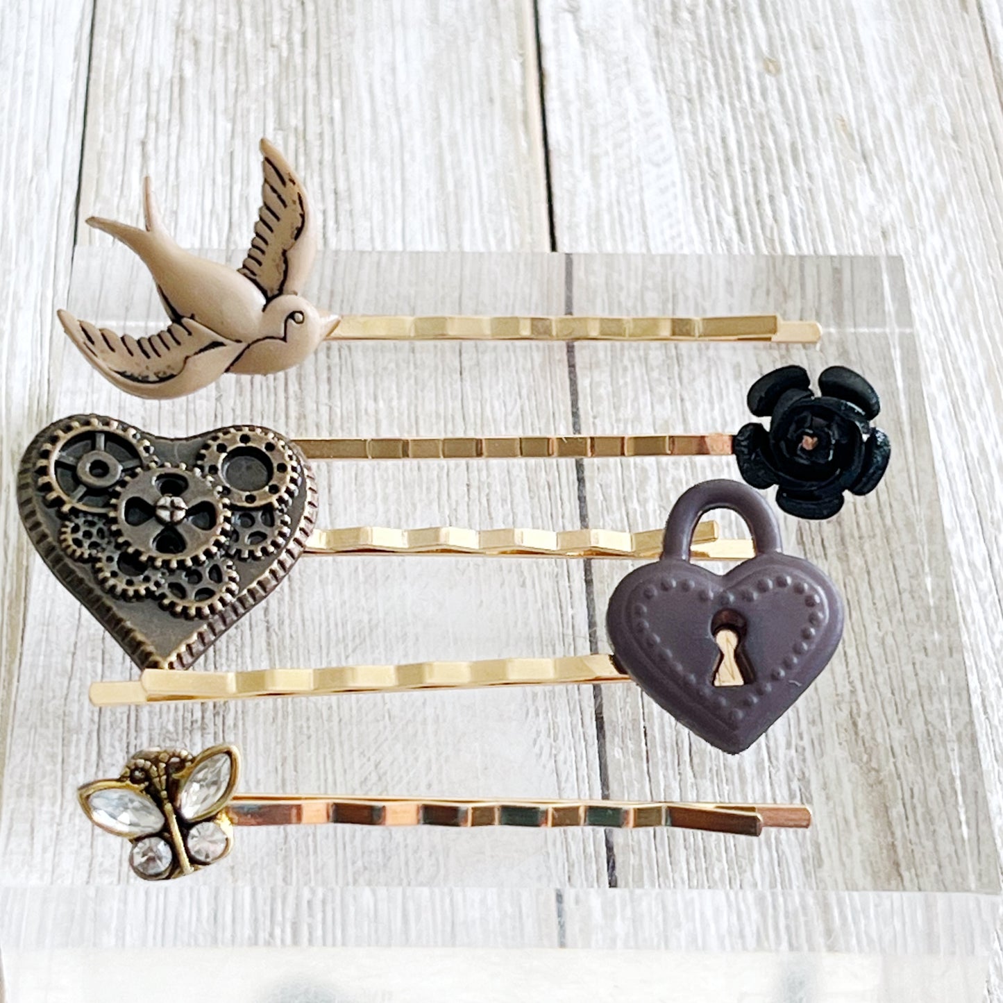 Steampunk Hair Pin Set of 5 - Gear Heart, Butterfly, Heart Lock, Bird, Flower Designs for Unique Hairstyles