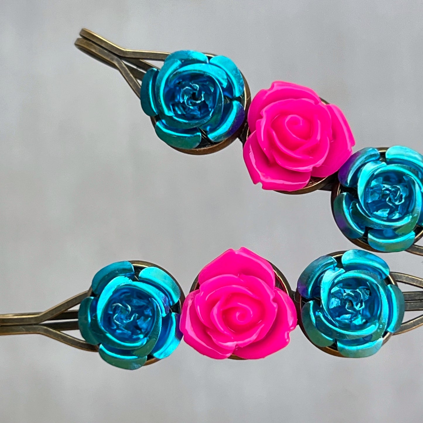 Blue & Pink Rose Floral Hair Pins - Delicate & Romantic Hair Accessories