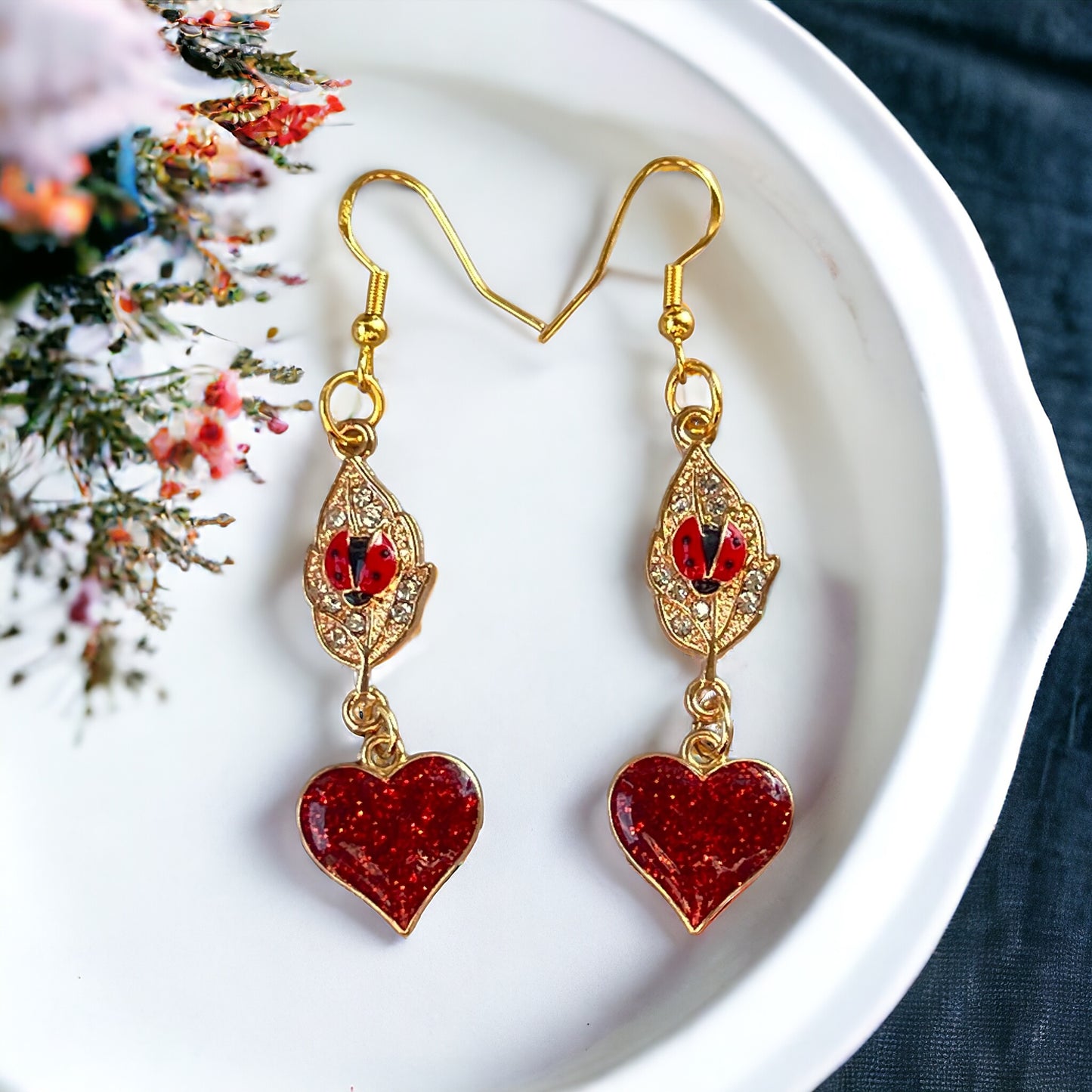 Gold Leaf with Ladybug & Red Heart Dangle Earrings: Whimsical Nature-inspired Jewelry