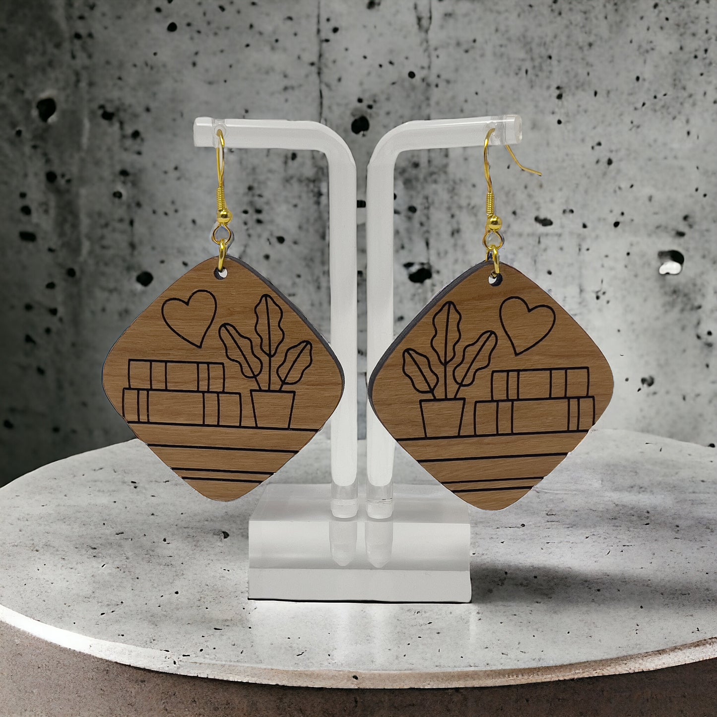 Bookshelf Wood Dangle Earrings - Cute Book Lover Gift | Boho Women's Miniature Bookcase Jewelry