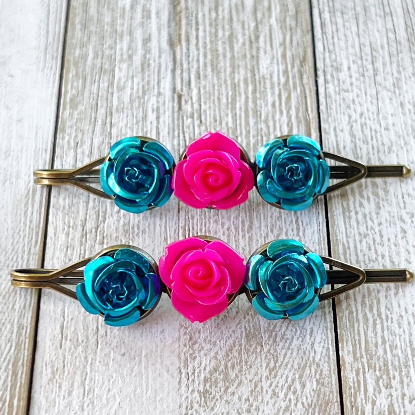 Blue & Pink Rose Floral Hair Pins - Delicate & Romantic Hair Accessories