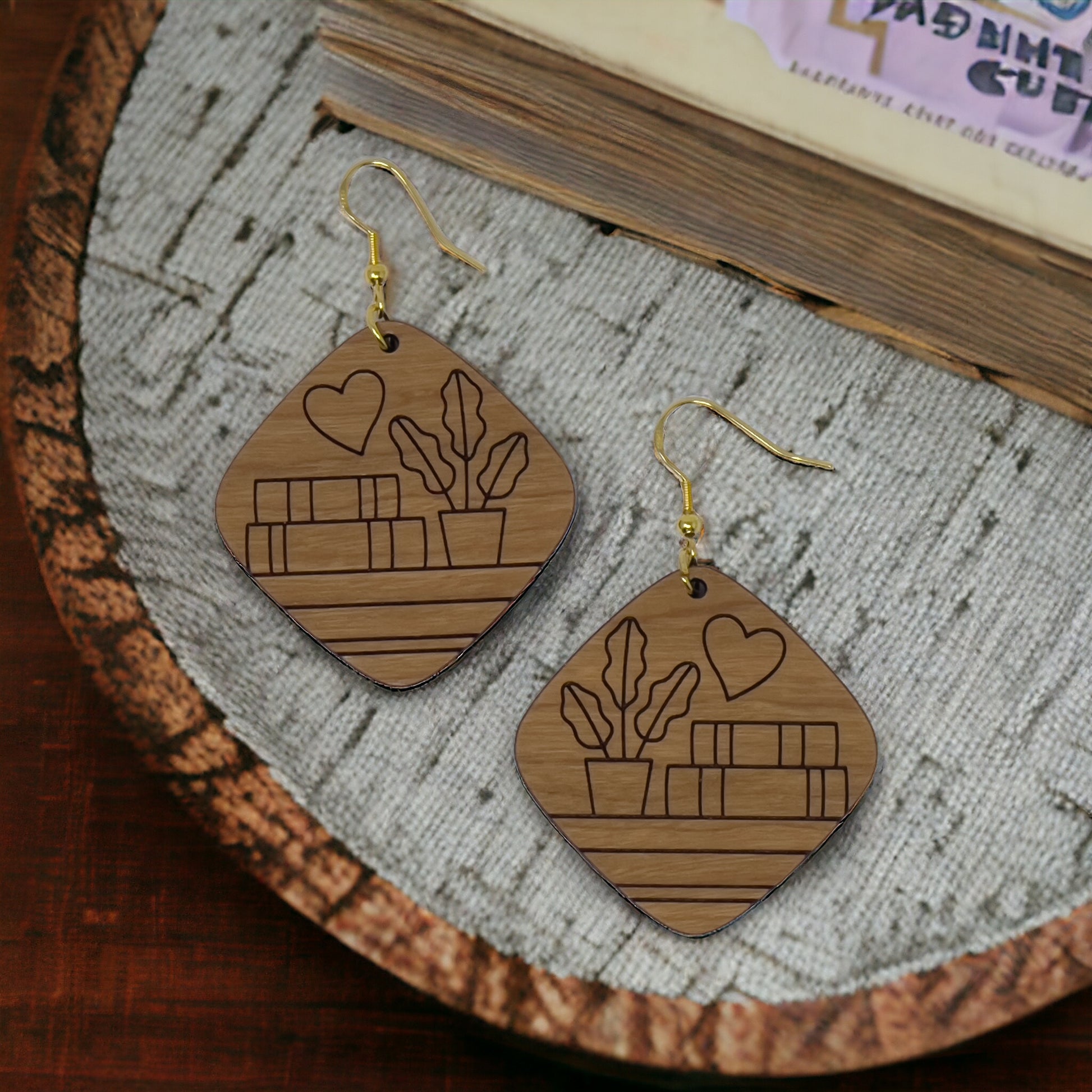 Bookshelf Wood Dangle Earrings - Cute Book Lover Gift | Boho Women's Miniature Bookcase Jewelry