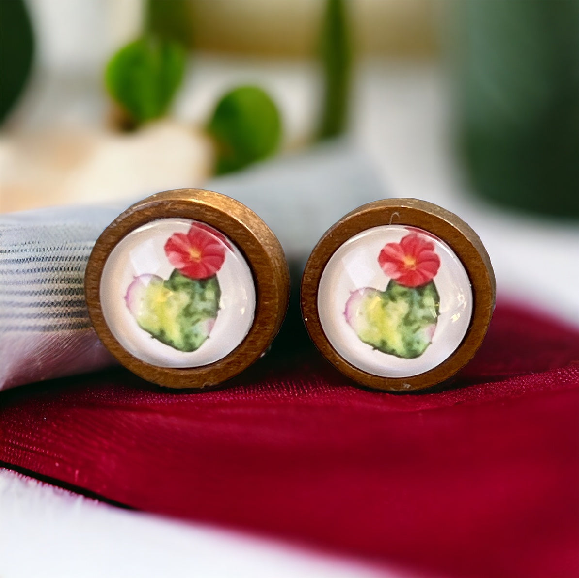 Flowering Cactus Heart Valentine Succulent Wood Stud Earrings