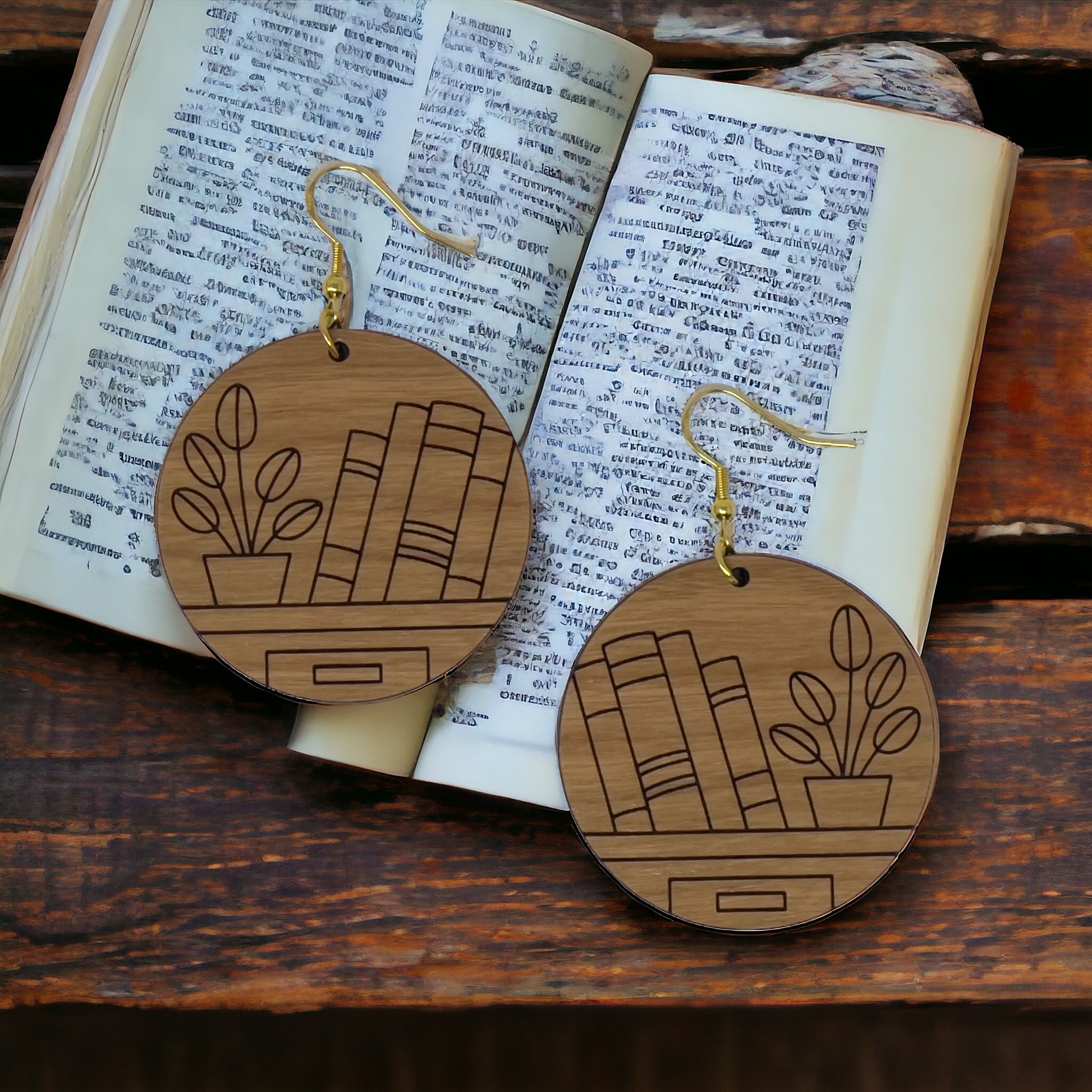 Bookshelf Wood Dangle Earrings - Cute Book Lover Gift | Boho Women's Miniature Bookcase Jewelry