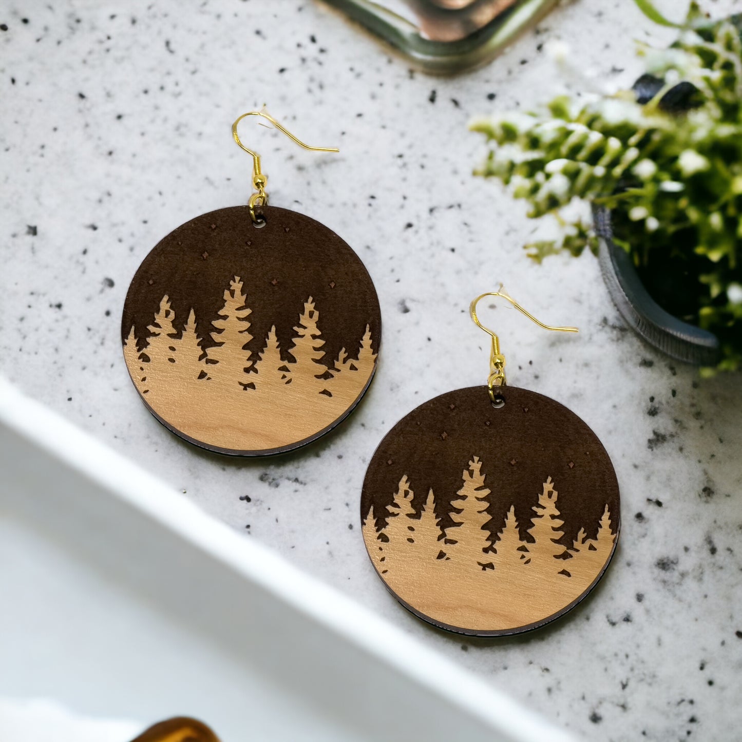 Pine Trees Mountain Earrings, Cute Holiday Christmas Dangle Earrings, Round Wood Earrings, Country Xmas Jewelry, Snowy Forest Nature Gifts