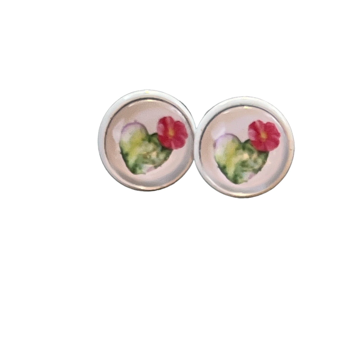 Flowering Cactus Heart Valentine Succulent White Stud Earrings