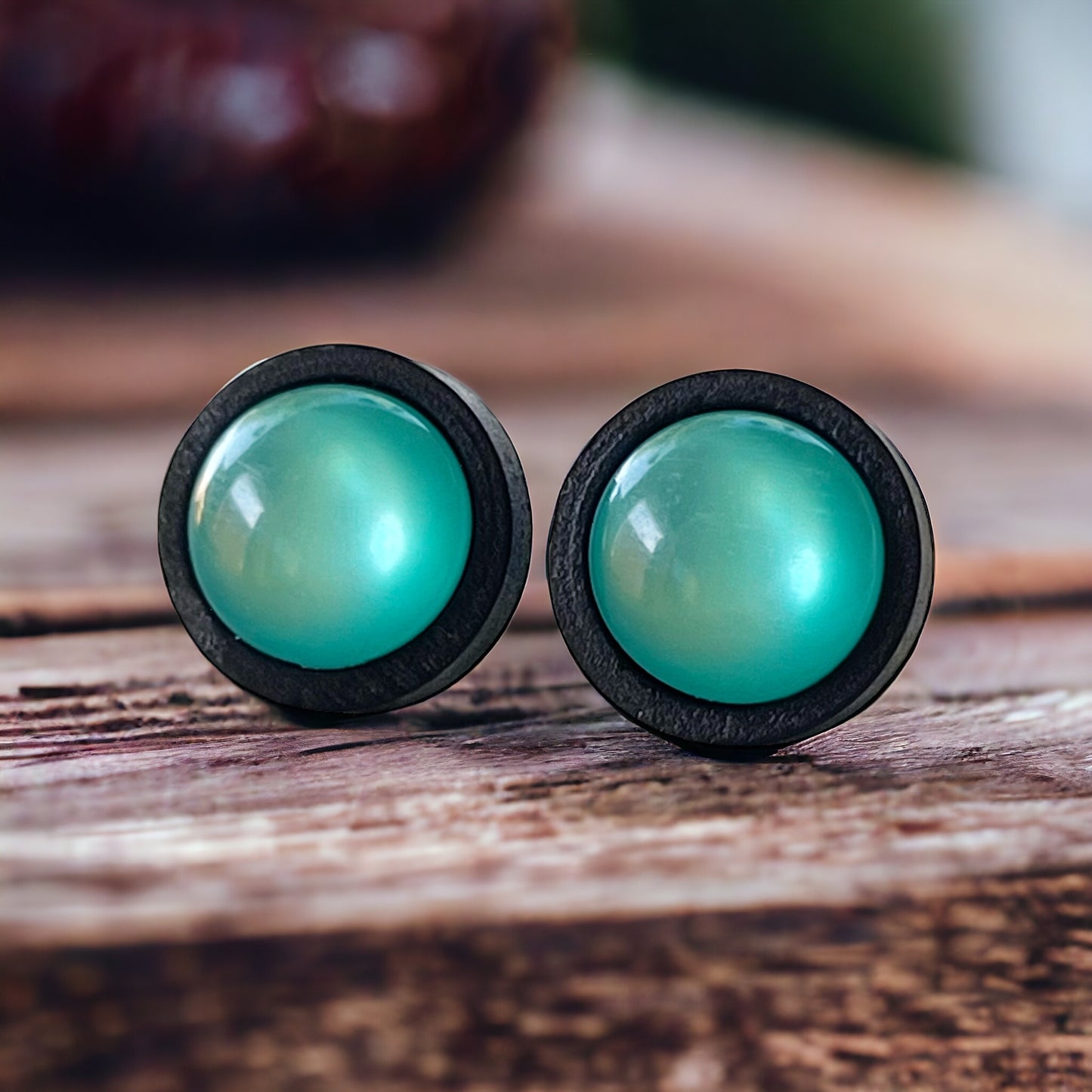 Natural Black Wood Blue Glass Stainless Steel Unisex Stud Earrings