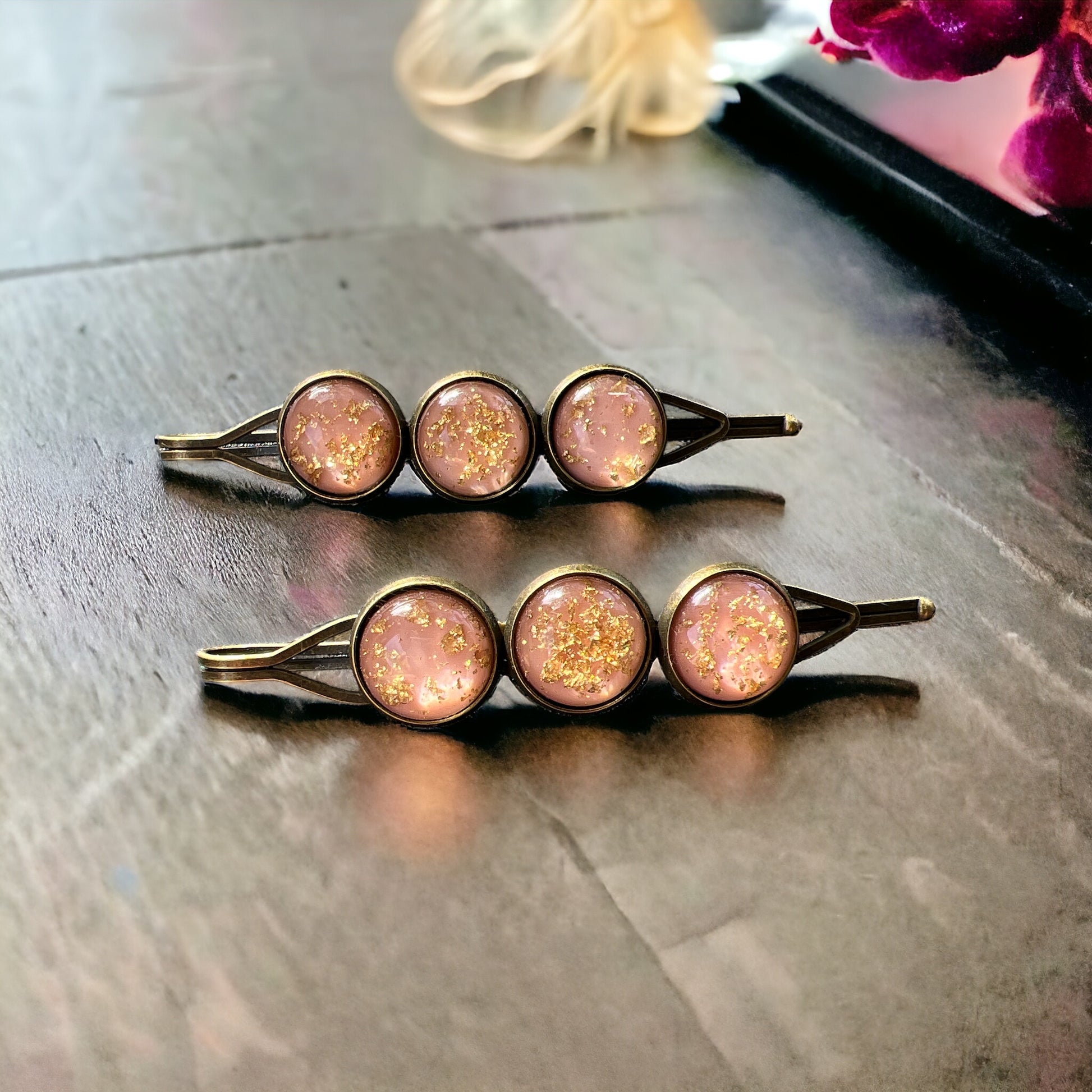 Peach Gold Flake Glitter Hair Pins - Sparkling & Elegant Accessories