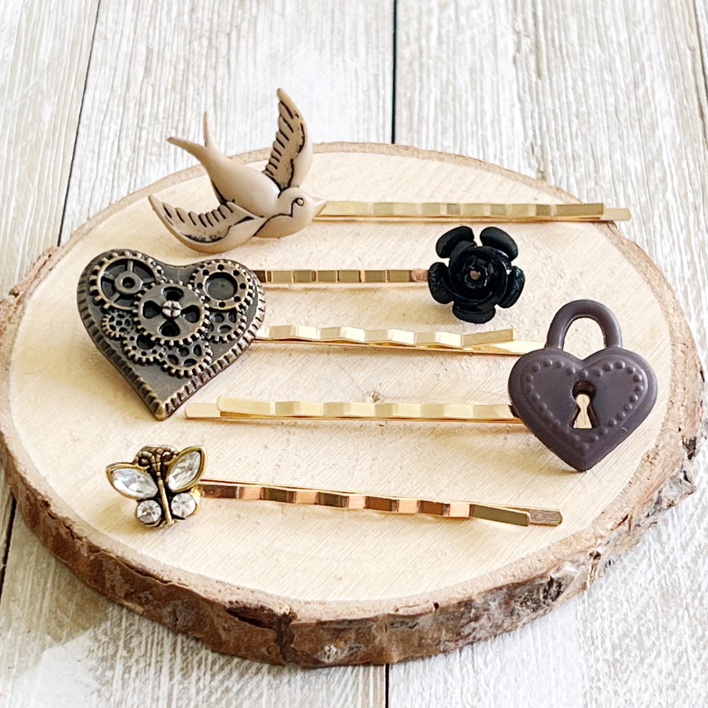 Steampunk Hair Pin Set of 5 - Gear Heart, Butterfly, Heart Lock, Bird, Flower Designs for Unique Hairstyles