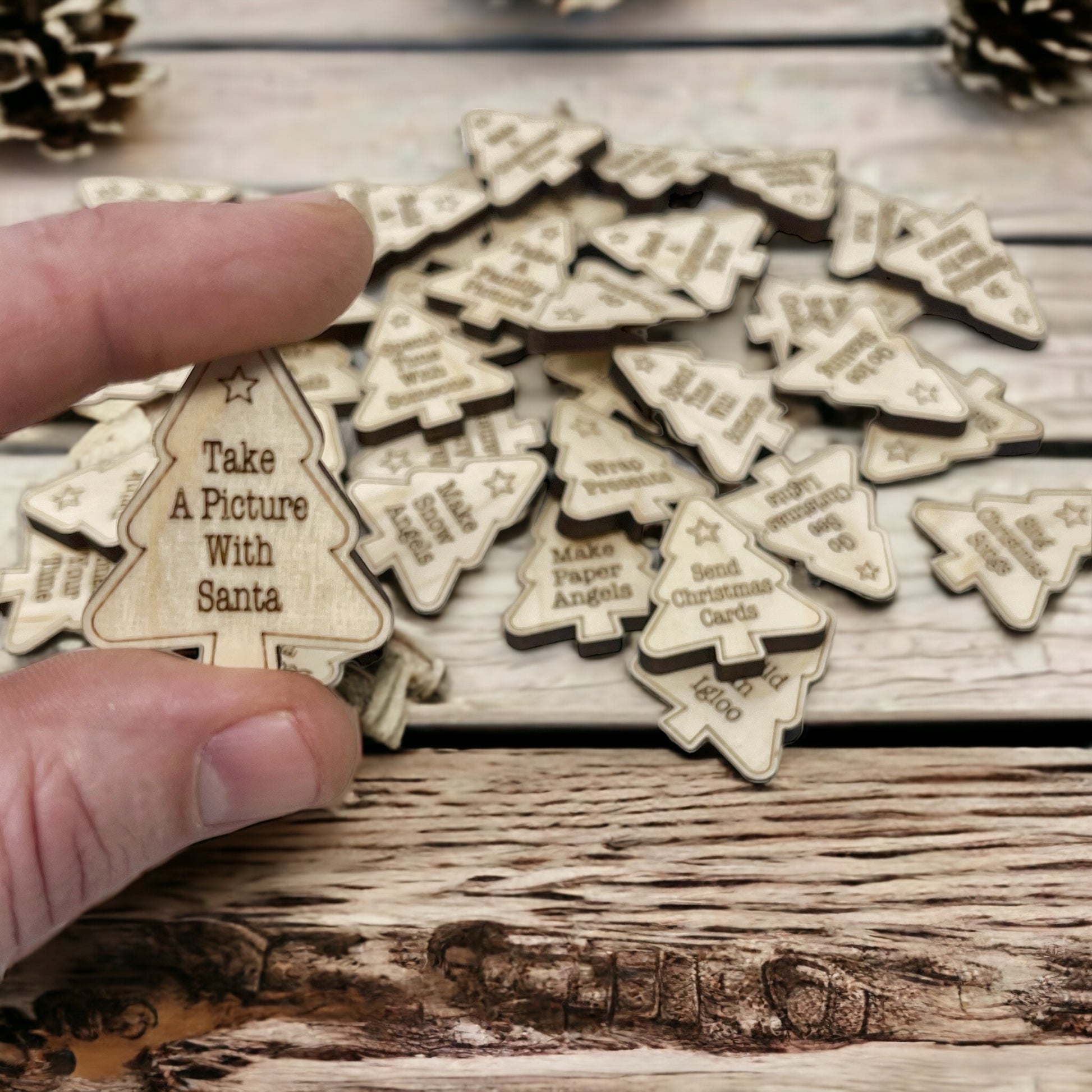 Christmas Activity Tokens for Family - Wooden Christmas Tree Kids Bucket List Tokens, Advent Calendar Fillers, Xmas Countdown Coins, and Child Games