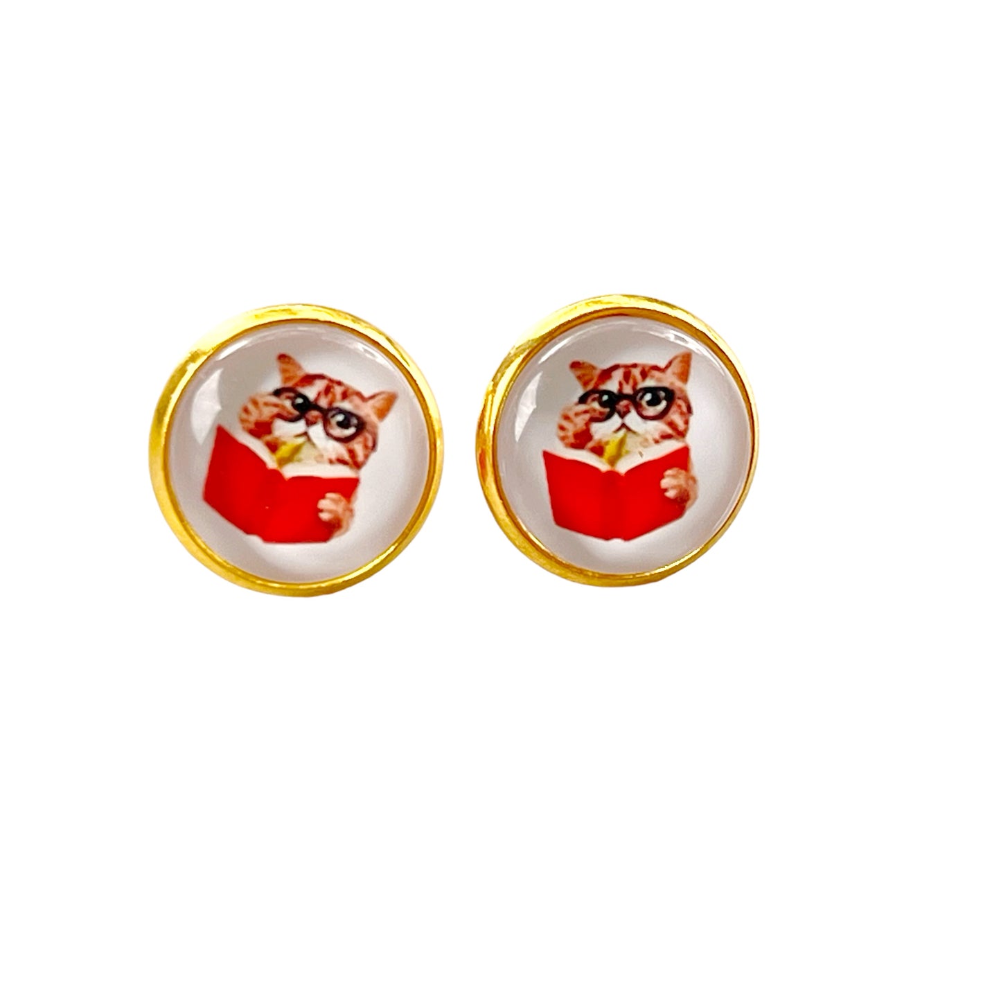 Cat Reading Book Gold-Toned Stud Earrings: Whimsical Literary Accessories