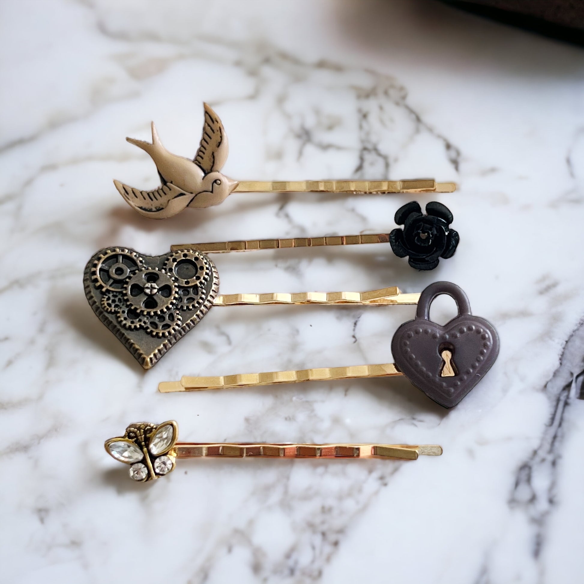 Steampunk Hair Pin Set of 5 - Gear Heart, Butterfly, Heart Lock, Bird, Flower Designs for Unique Hairstyles