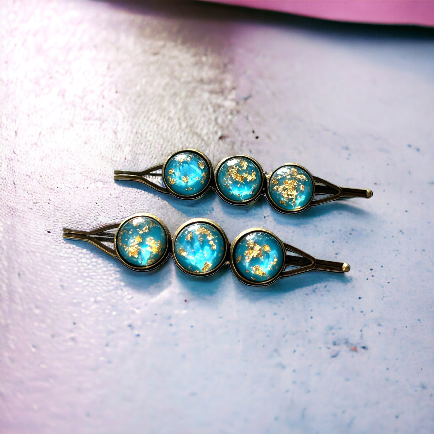 Turquoise Blue Gold Flake Glitter Hair Pins: Sparkling Accessories for Glamorous Styles