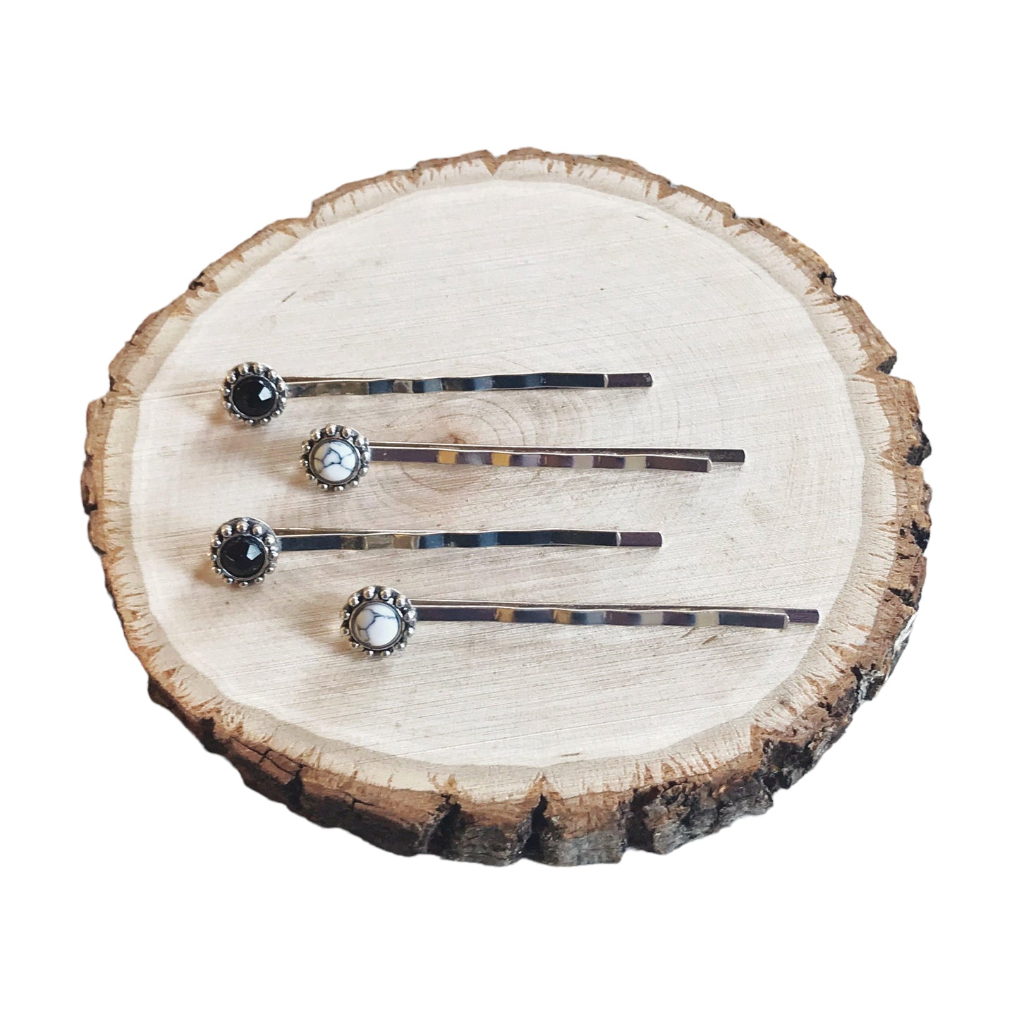 Boho Black & White Gemstone Hair Pins - Set of 4 Stylish Bobby Pins