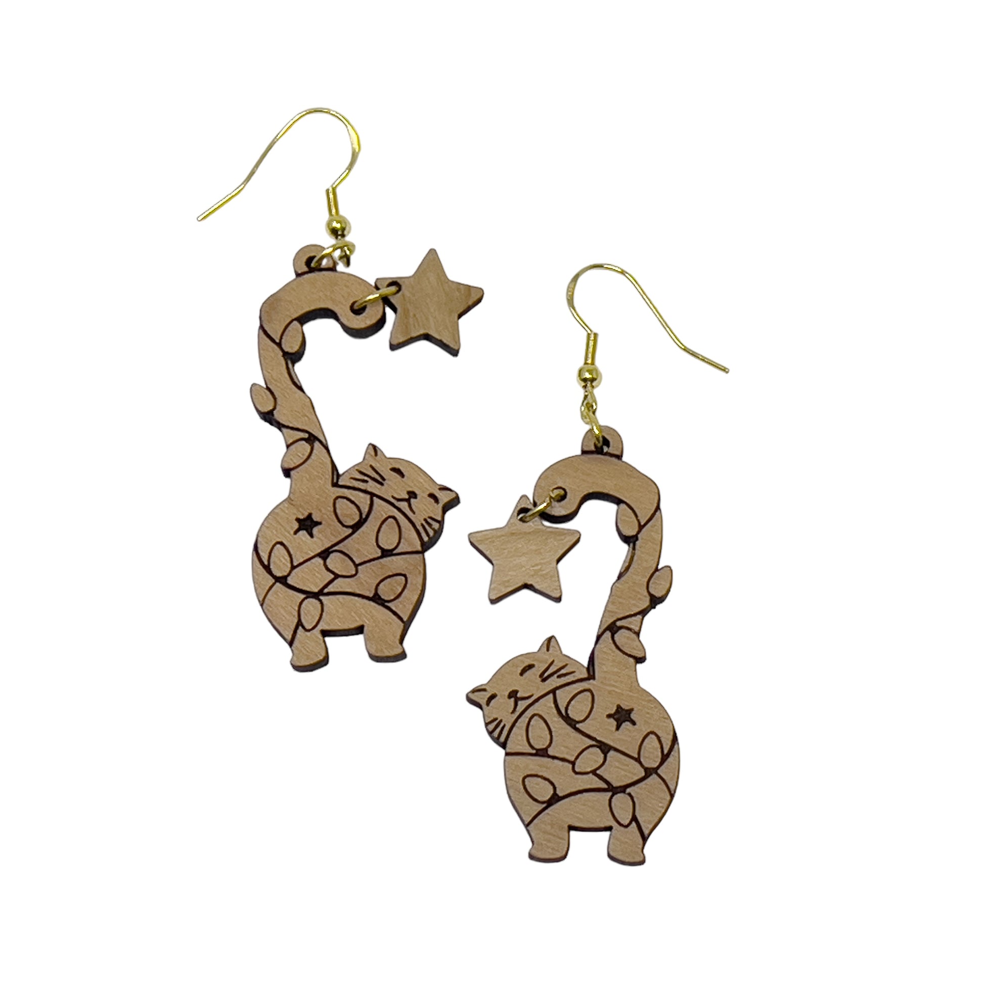 Cat Earrings, Wood Dangle Star Earrings, Cute Feline Spring Gifts for Cat Lover Girlfriend, Adorable Animal Jewelry, Womens Boho Earring Set