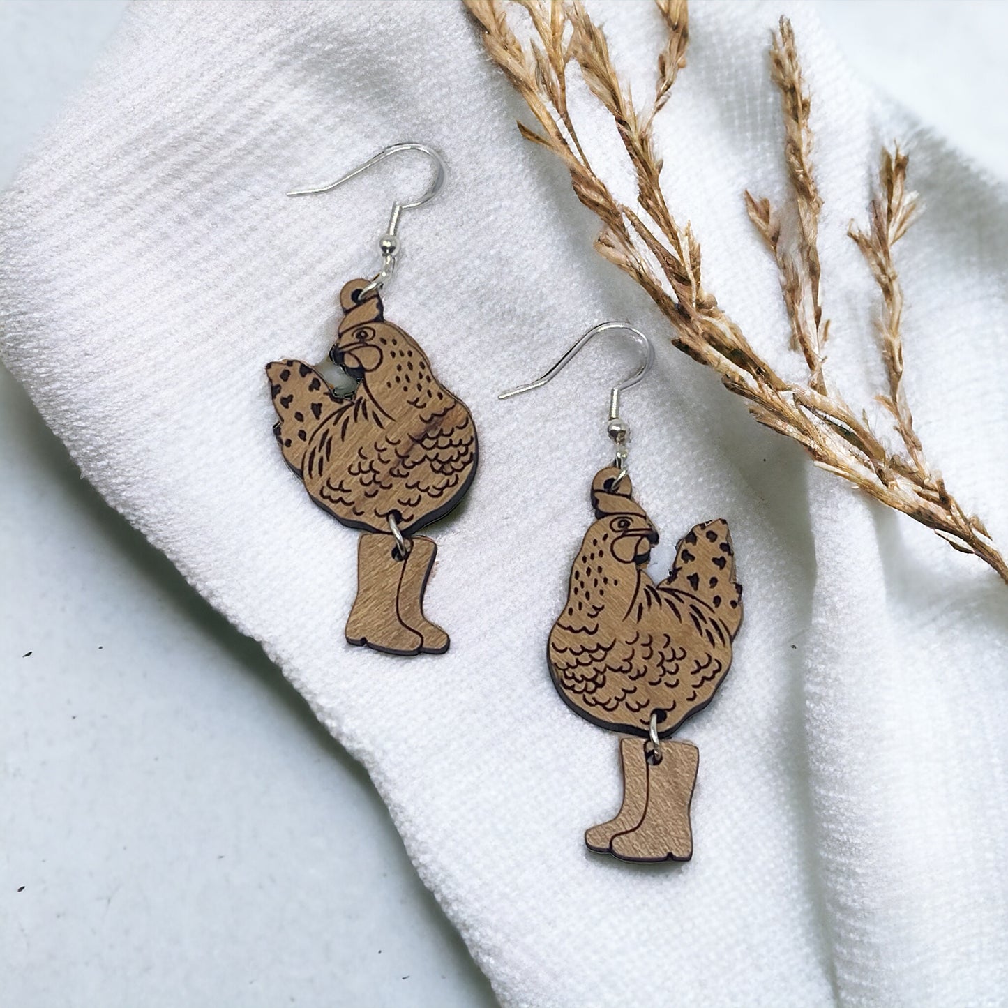 Chic Chicken in Boots Wood Earrings: Handmade Rustic Jewelry for Animal Lovers