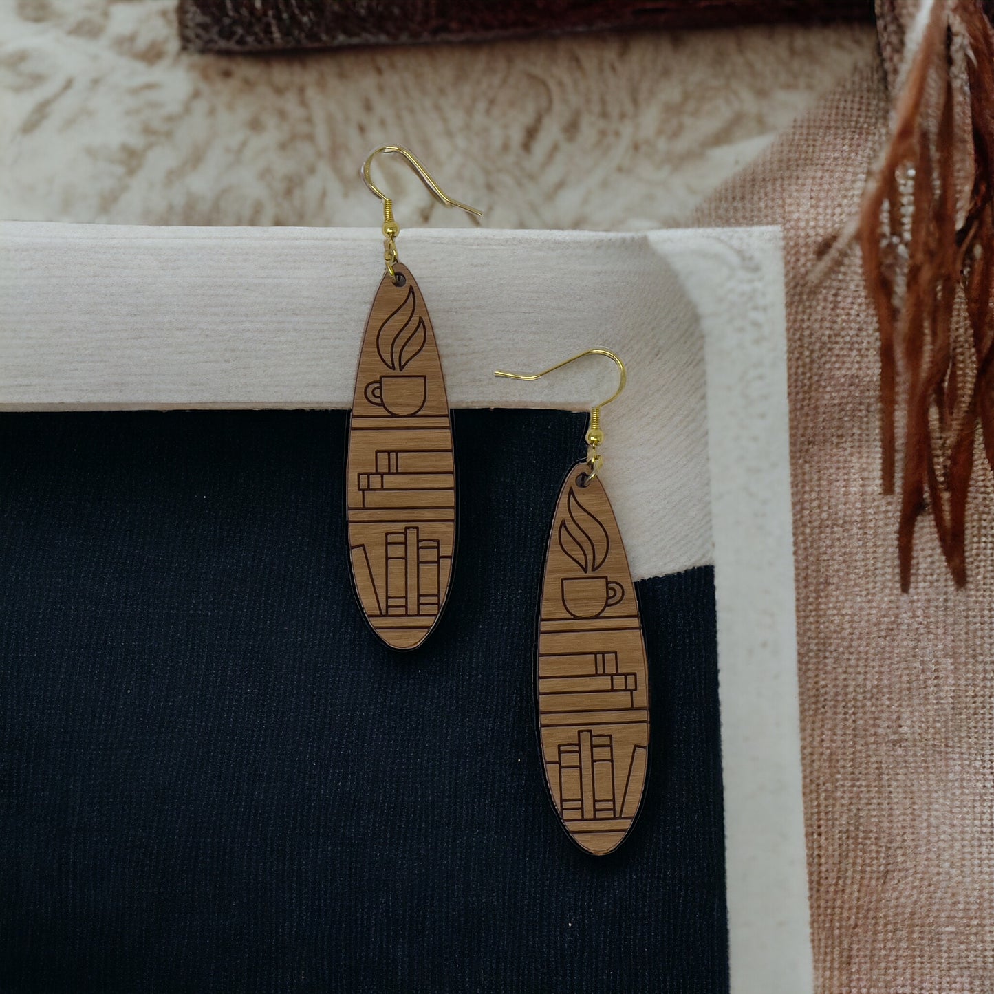 Bookshelf Wood Dangle Earrings - Cute Book Lover Gift | Boho Women's Miniature Bookcase Jewelry