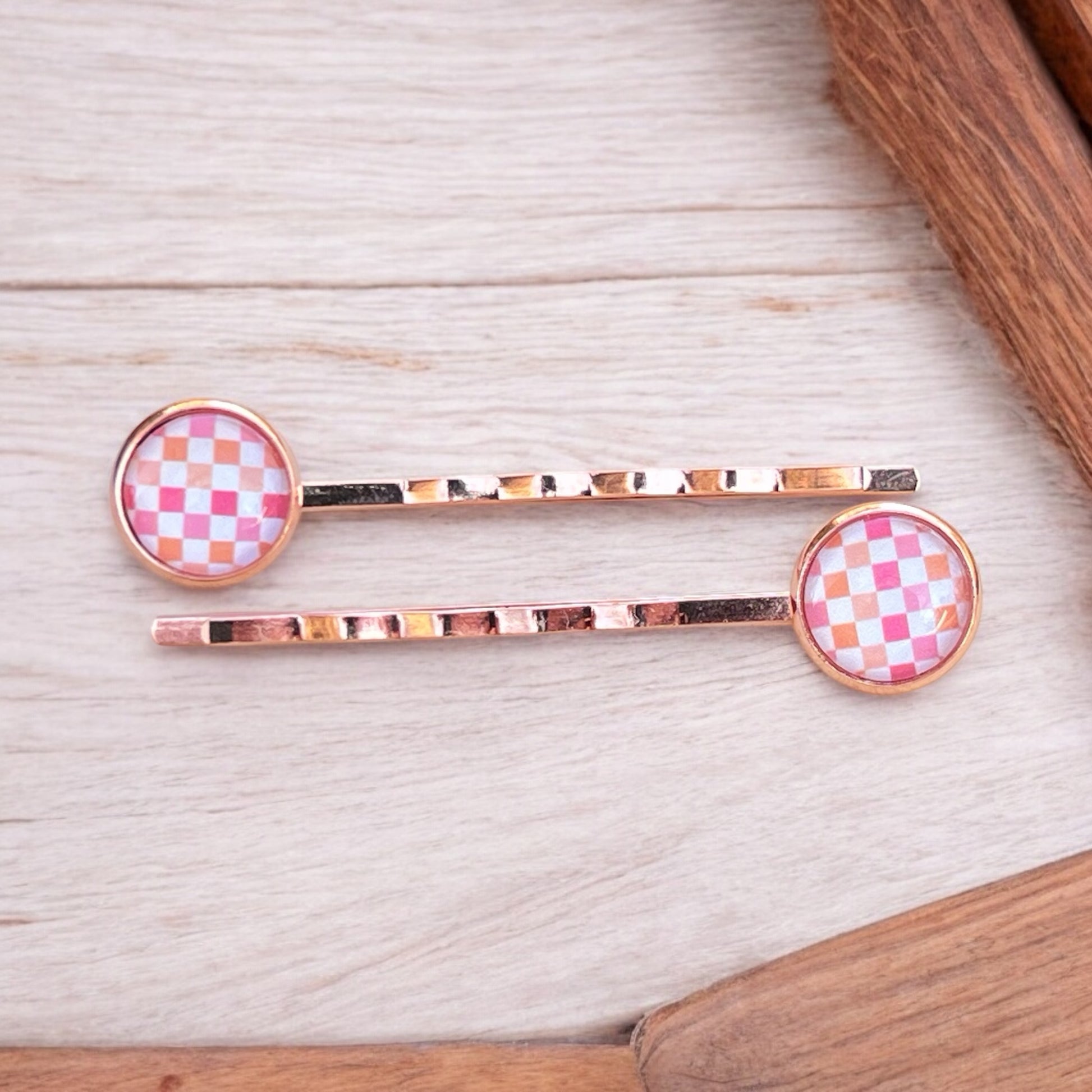 Pink & Orange Gingham Rose Gold Bobby Pins