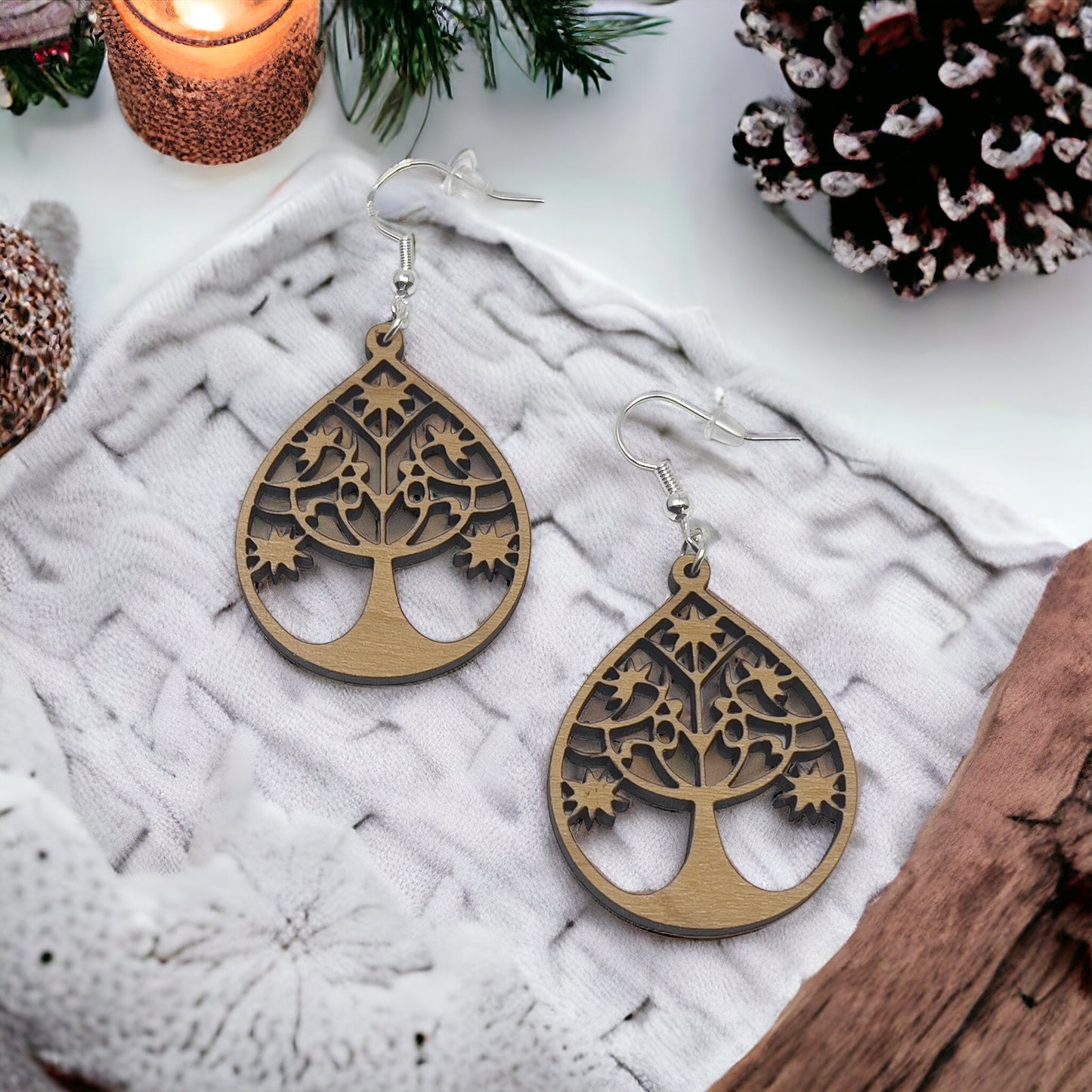 Tree of Life Earrings, Rustic Dangle Earrings, Boho Tree Earrings, Cute Winter Holiday Earring, Nature Wood Earring, Country Western Jewelry