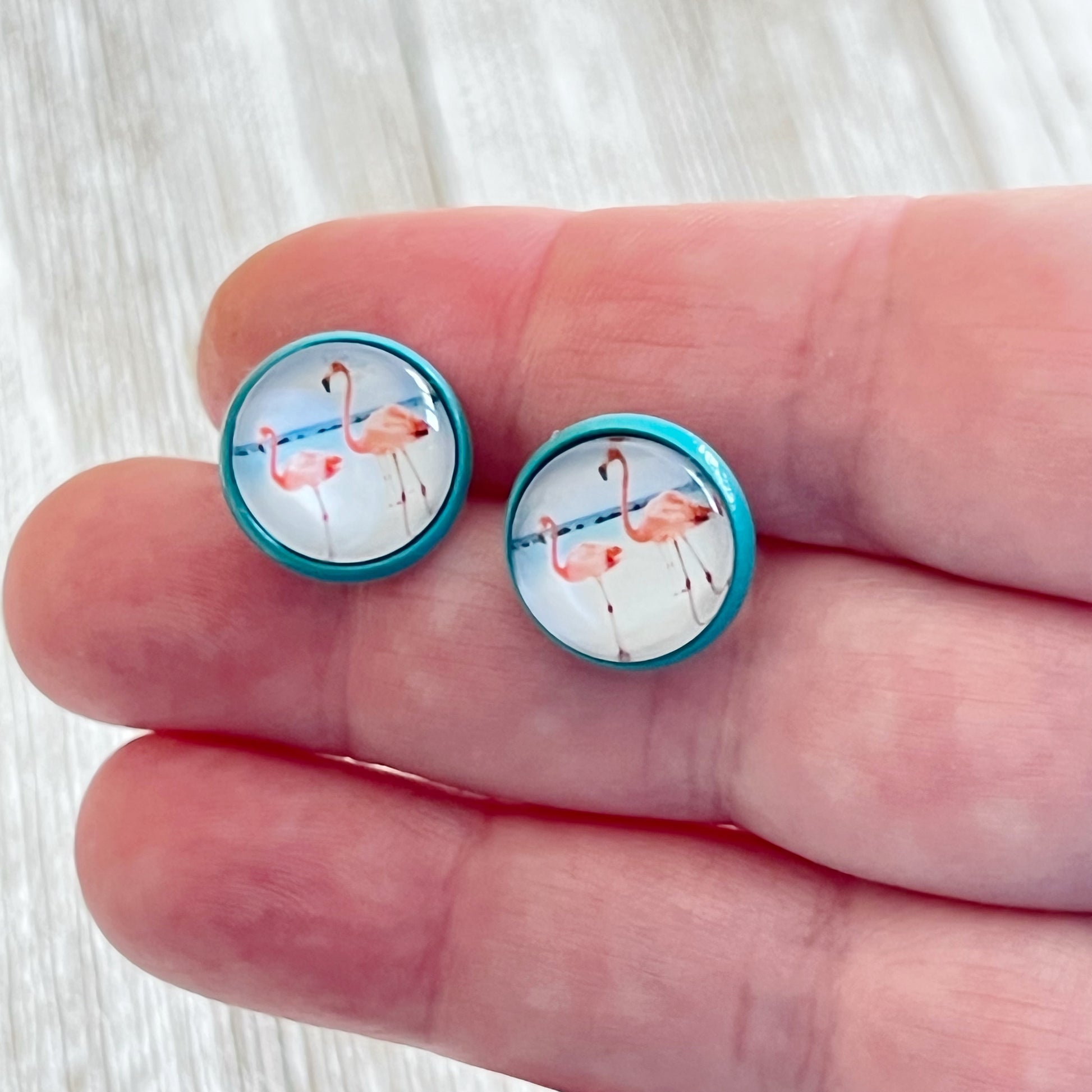 Pink Flamingo Blue Stud Earrings - Fun & Playful Accessories