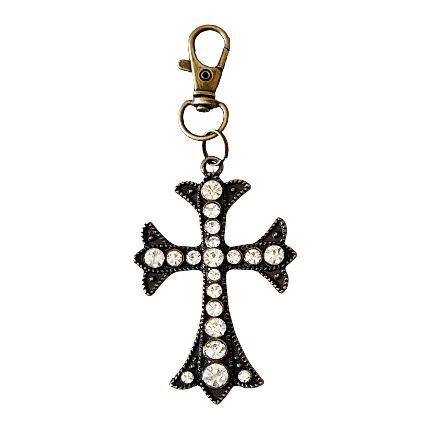 Ornate Brass Cross Rhinestone Western Zipper Handbag Keychain Charm - Stylish & Elegant Accessory