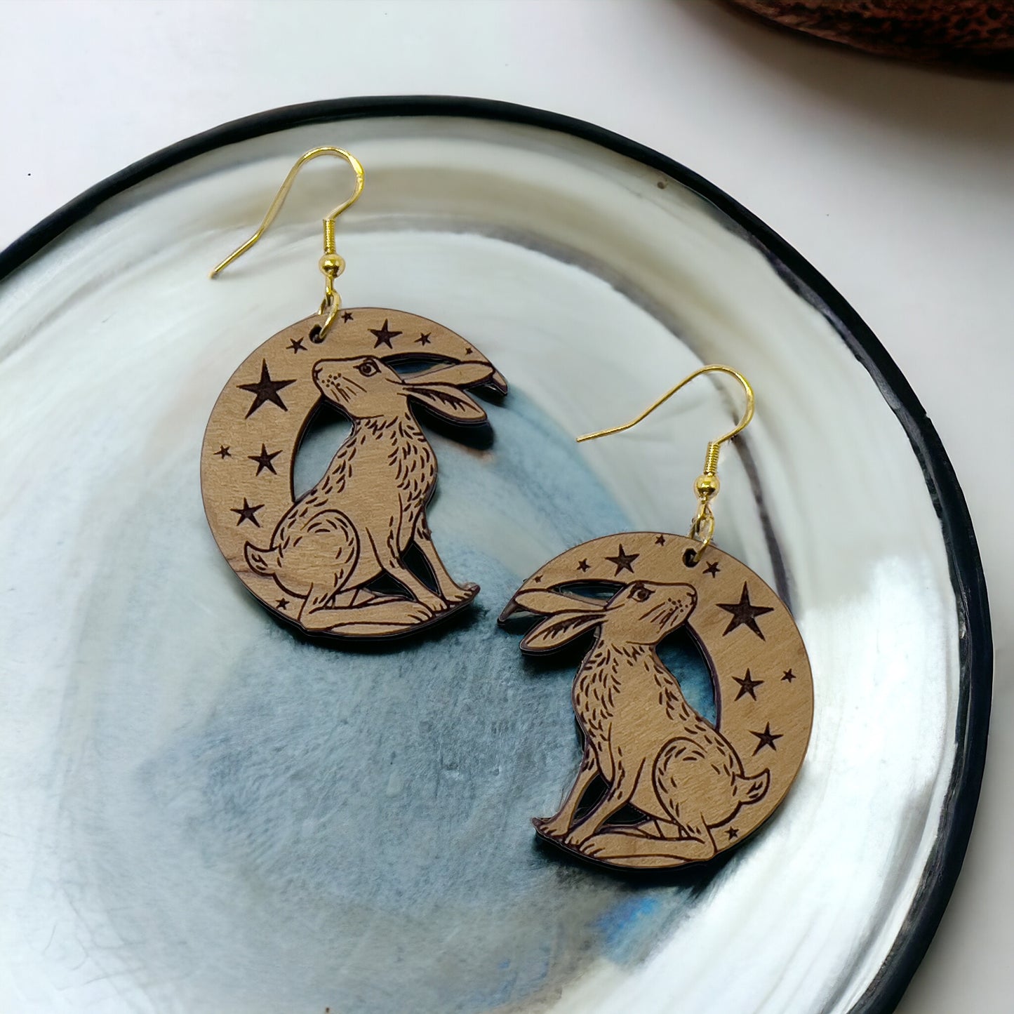 Easter Bunny Wood Crescent Moon Star Earrings, Personalized Handcrafted Dangle Earrings, Customizable Cute Gifts for Rabbit Lover Girlfriend