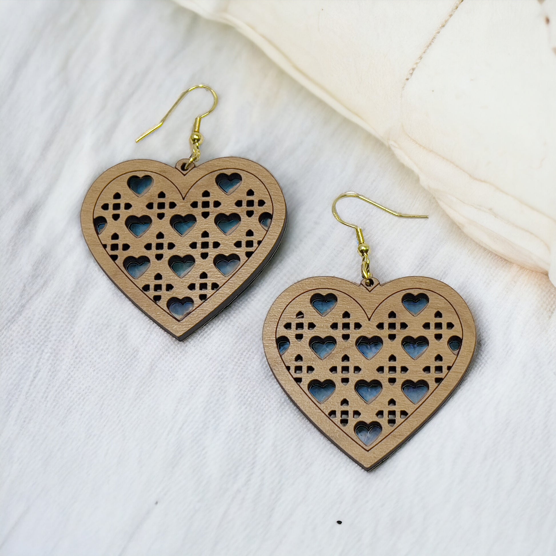 Wood Heart Earrings, Rustic Valentines Dangle Earrings, Cute Holiday Earrings, Wooden Lattice Cutout Earrings, Country Western Boho Jewelry