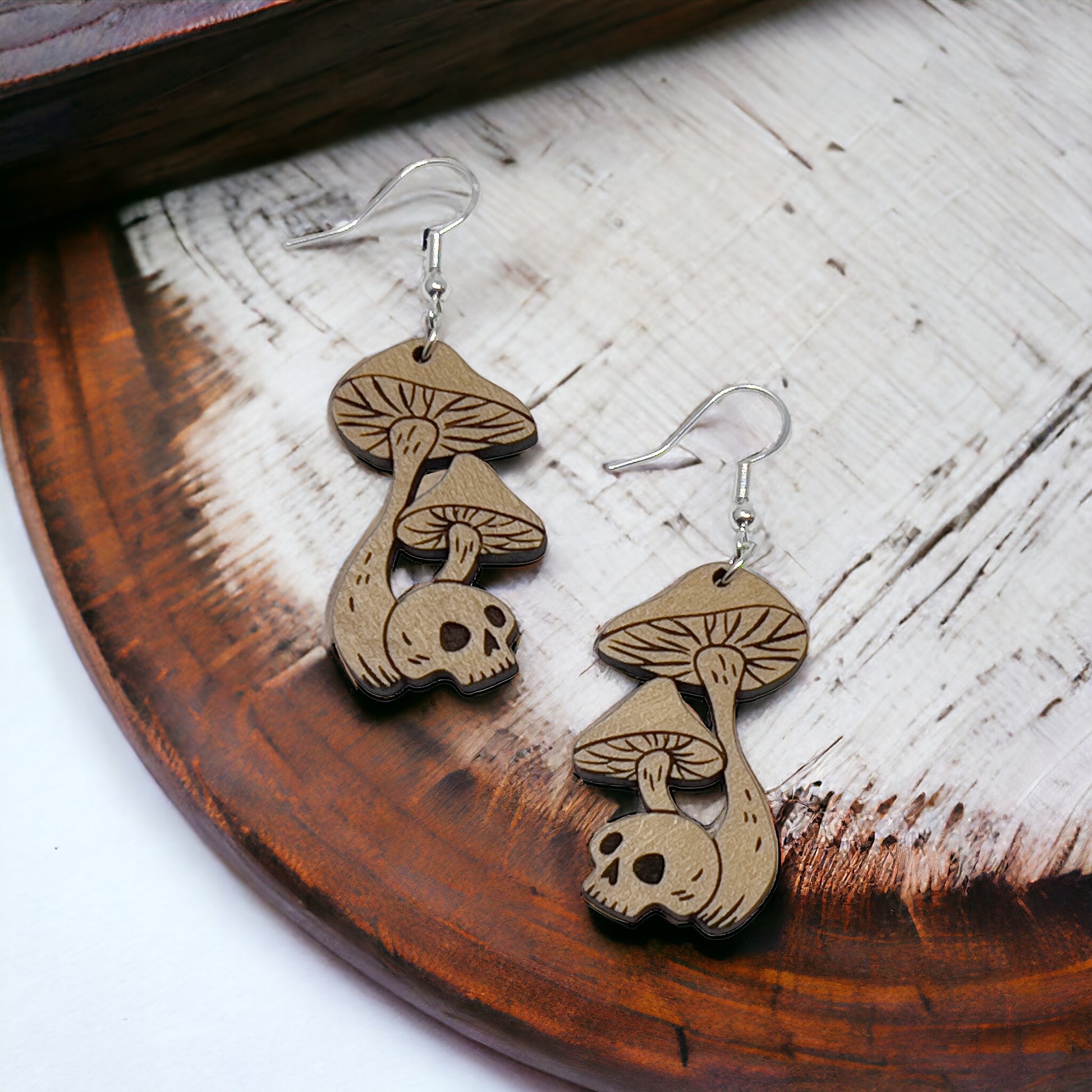 Mushroom Earrings, Rustic Dangle Earrings, Boho Skull Earrings, Cute Nature Earrings, Gothic Wooden Earrings, Country Western Hippie Jewelry