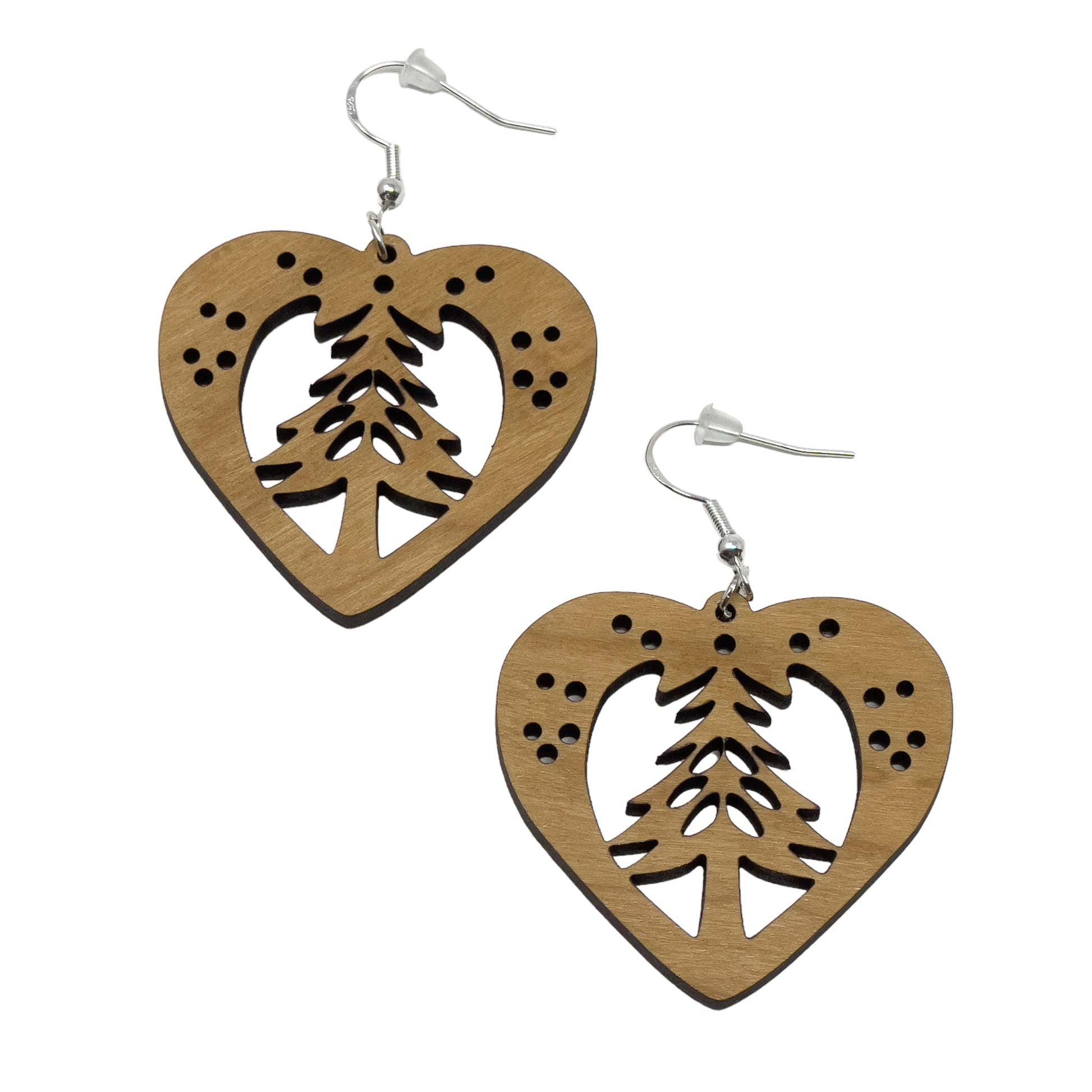 Wooden Heart - Rustic Dangle Earring with Pine Tree Design, Cute Winter Holiday Accessory, Nature-Inspired Jewelry