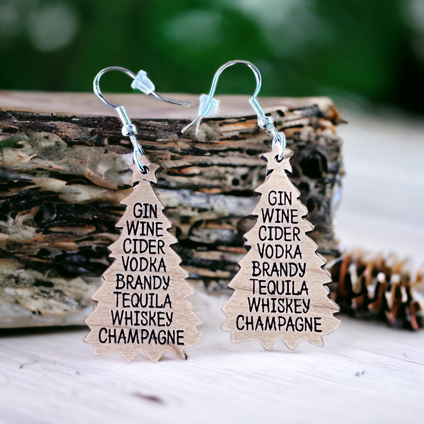 Funny Boozy Christmas Earrings, Christmas Tree Dangle Earring, Cute Fun Holiday Earring, Wood Tree Earring, Country Xmas Booze Wine Jewelry