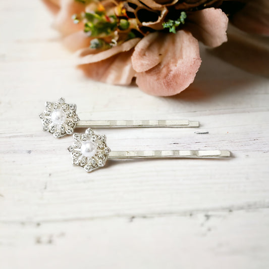 Silver Rhinestone and Pearl Snowflake Hair Pin