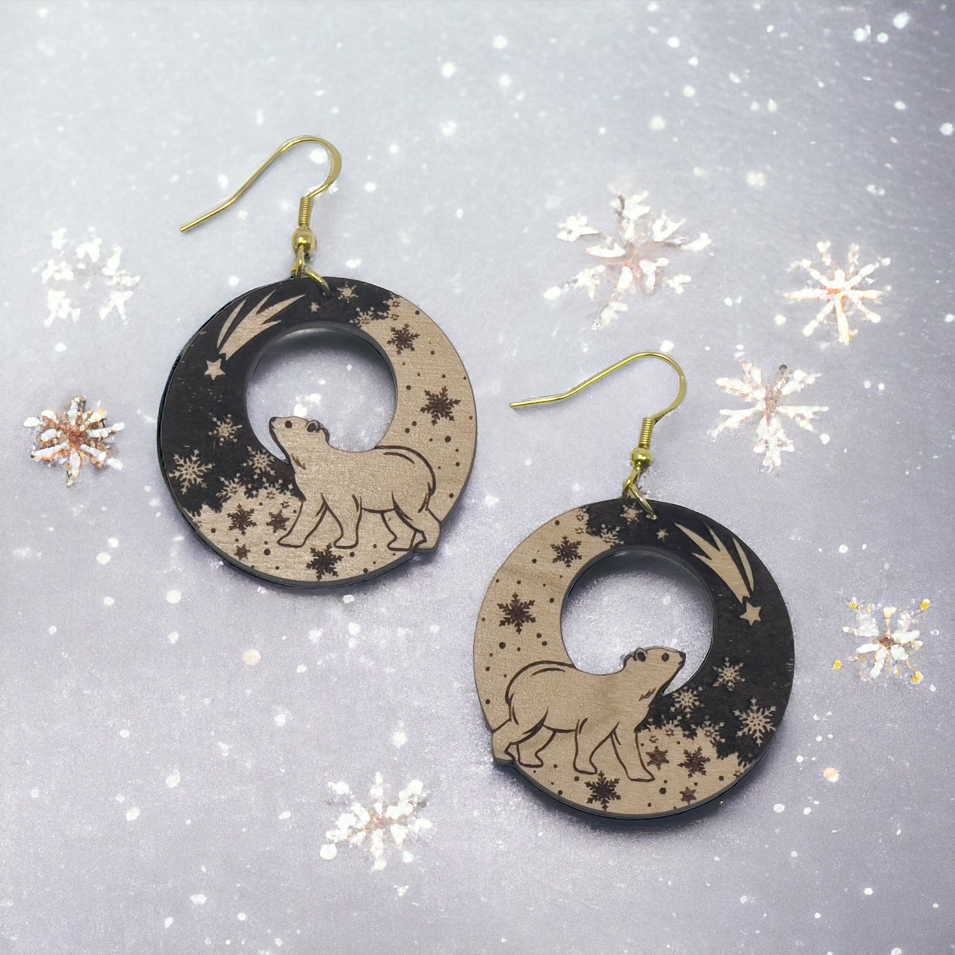 Polar Bear Earrings, Christmas Dangle Earrings, Fun Animal Earrings, Cute Winter Holiday Earrings, Rustic Wood Earring, Country Xmas Jewelry