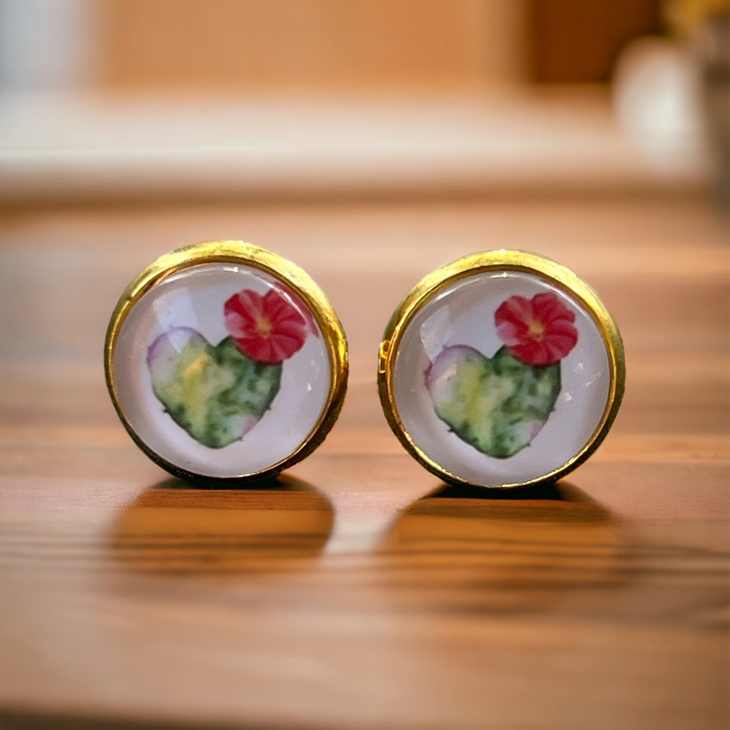 Flowering Cactus Heart Valentine Succulent Gold Stud Earrings