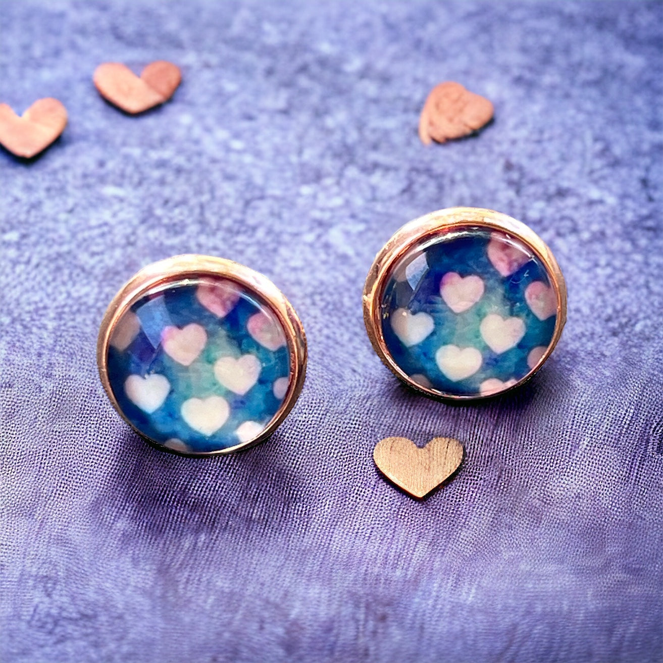 Pink Heart Blue & Rose Gold Earring Studs - Elegant and Charming Accessories