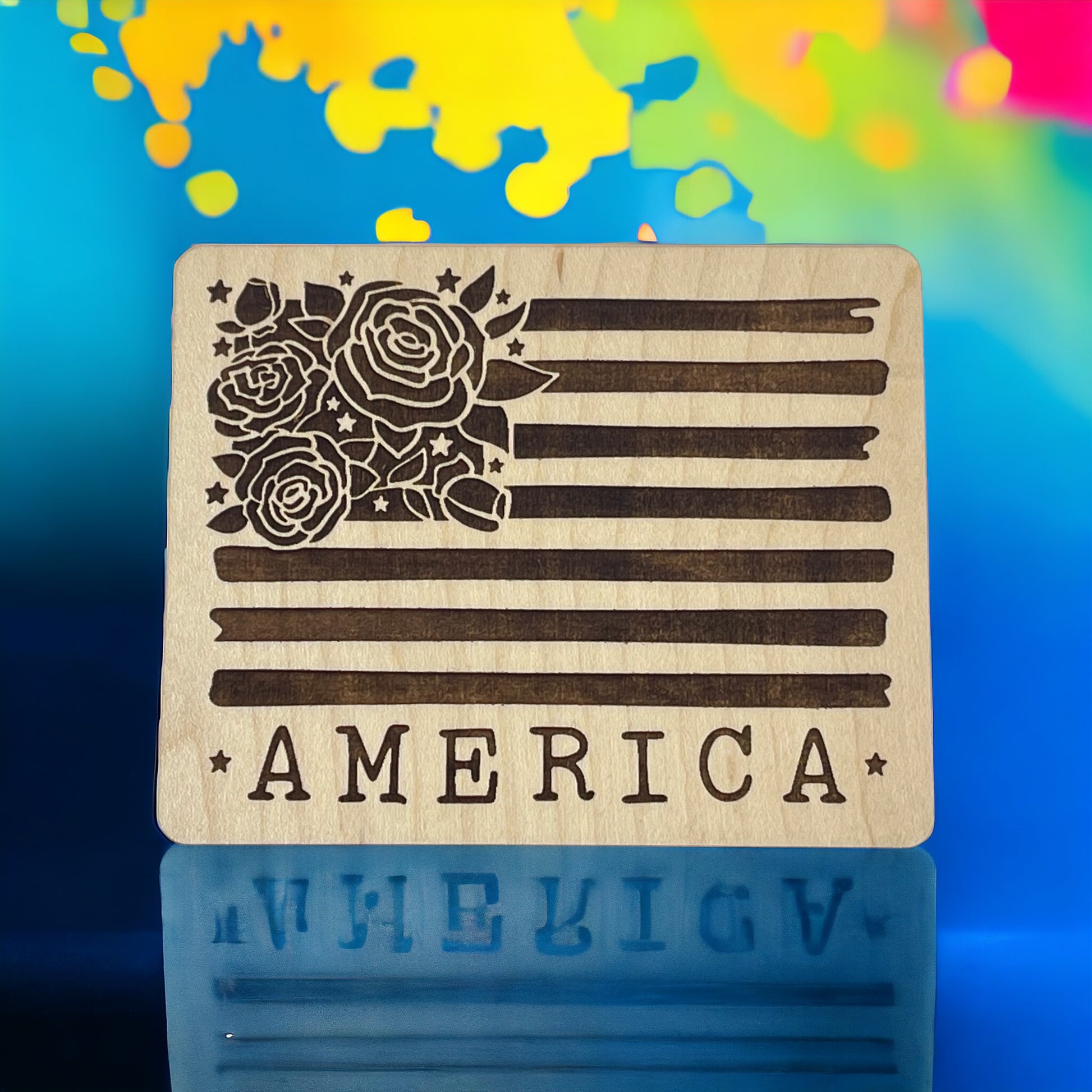 USA Flag Magnet for Home Work School Office, Patriotic Decor Gift, Floral United States Flag Paintable Magnet, Boho Flower Wood Decoration