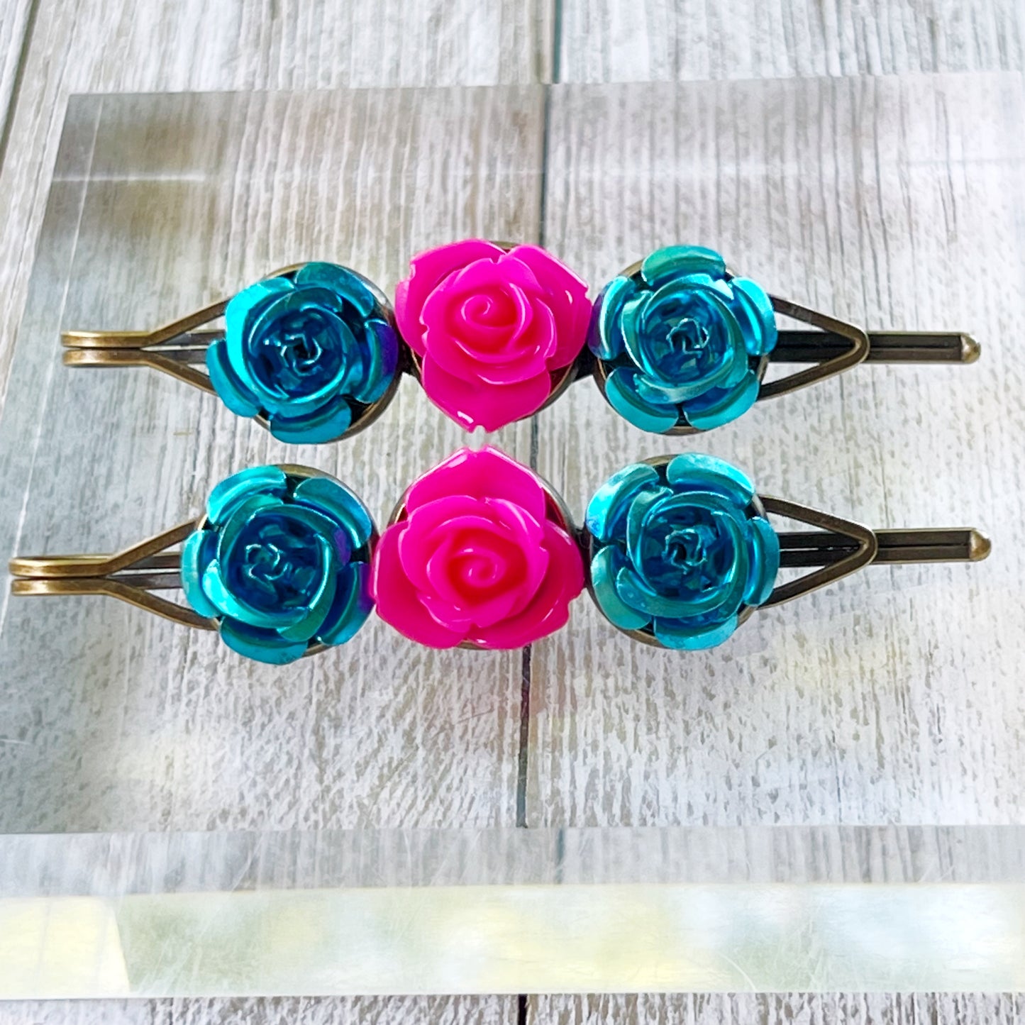 Blue & Pink Rose Floral Hair Pins - Delicate & Romantic Hair Accessories