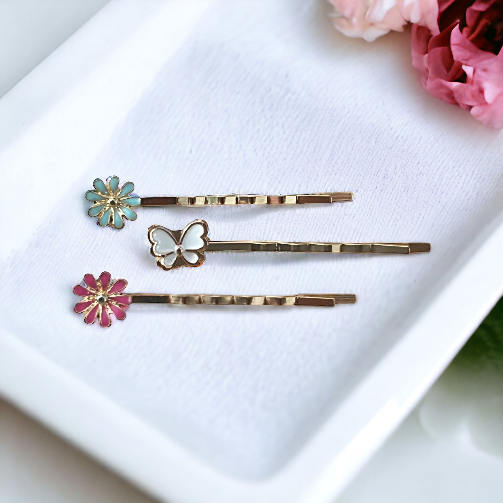 White Butterfly & Flower Hair Pin Set - Set of 3 Adorable Accessories for Hair Styling